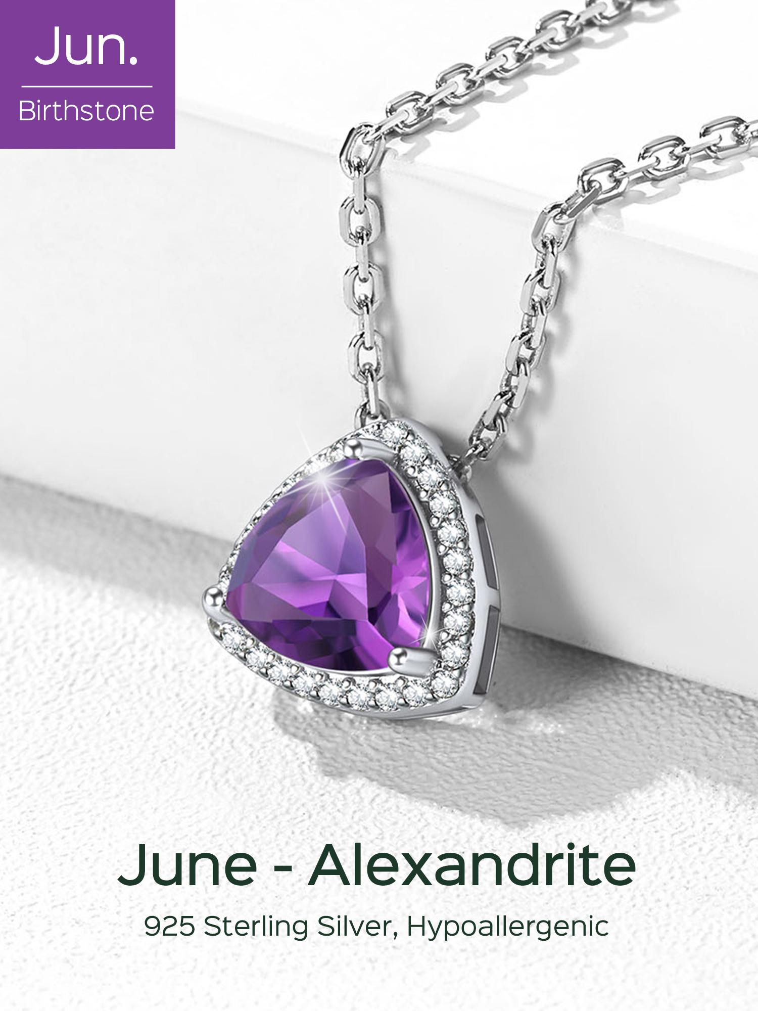 Triangle Shape June Birthstone Pendant Halo Necklace