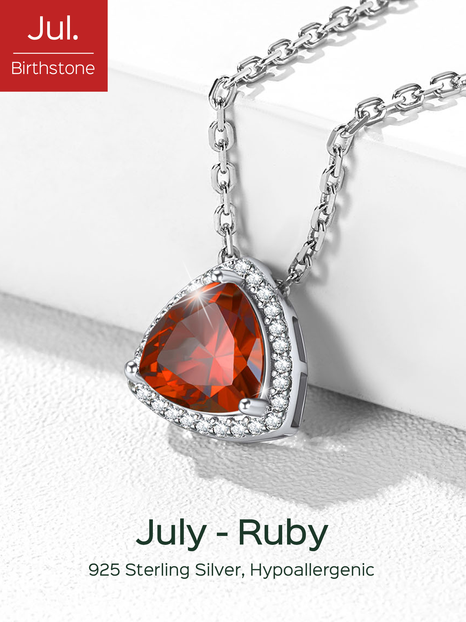 Triangle Shape July Birthstone Pendant Halo Necklace