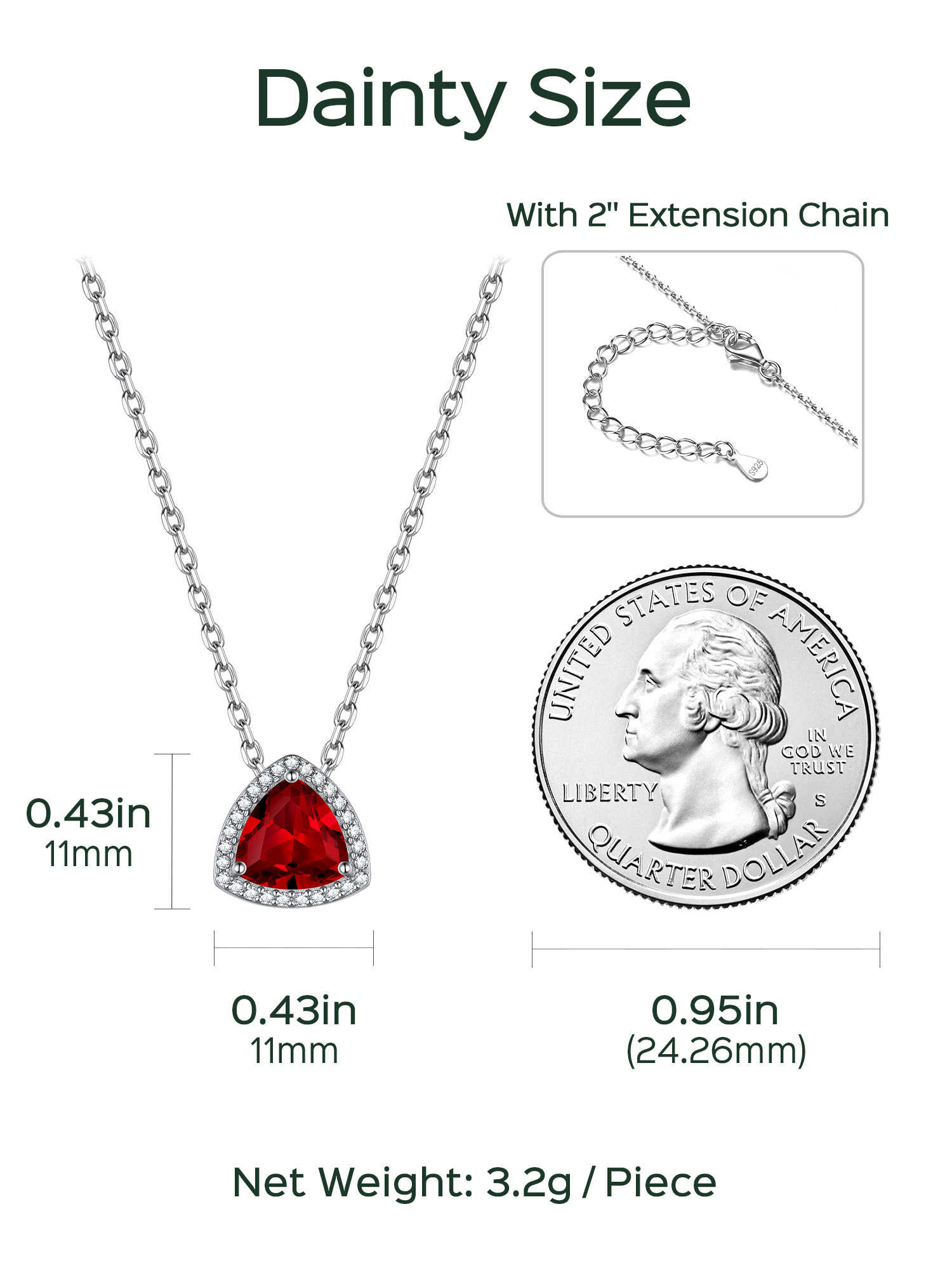 Triangle Shape Birthstone Pendant Halo Necklace details: Dimensions, Hypoallergenic, Lobster-Claw-Clasps