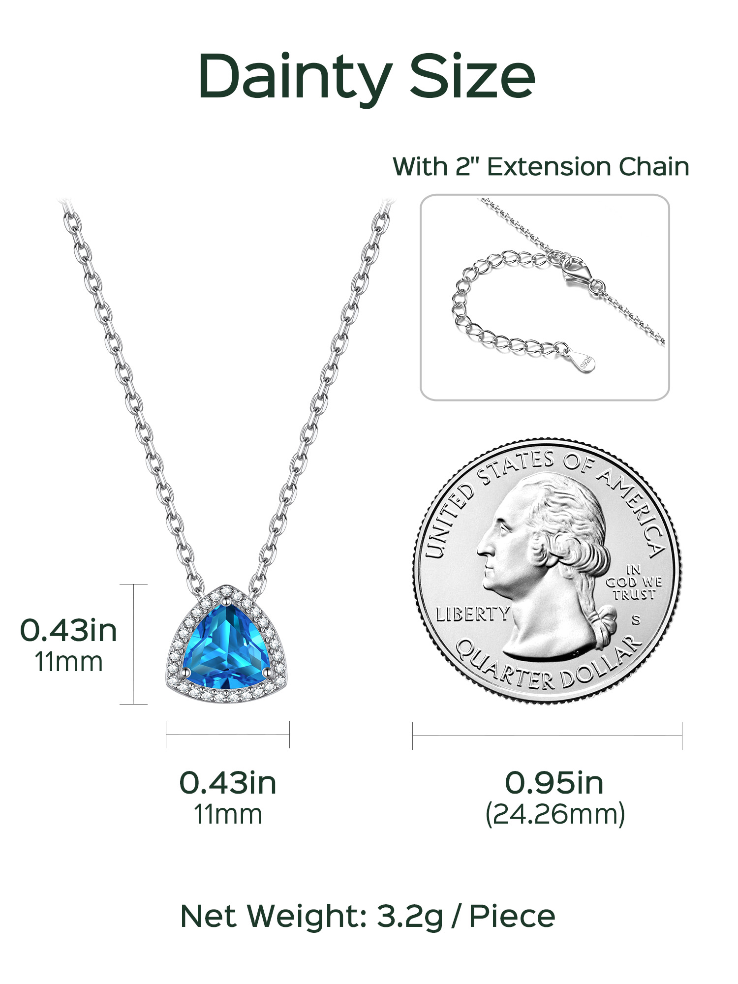 Triangle Shape Birthstone Pendant Halo Necklace Details: Dimensions, Hypoallergenic, Push Back Finding