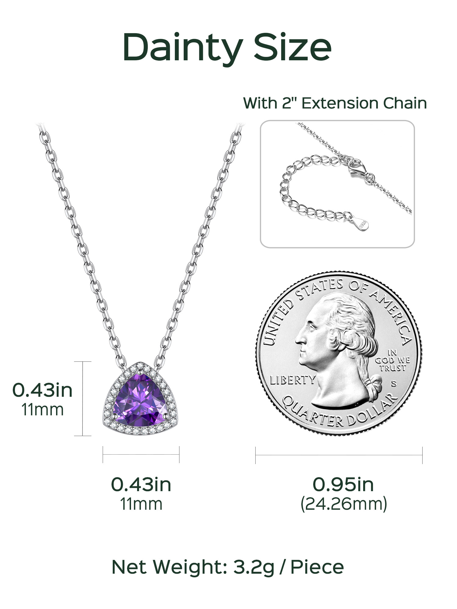 Triangle Shape Birthstone Pendant Halo Necklace Details: Dimensions, Hypoallergenic, Lobster-Claw-Clasps