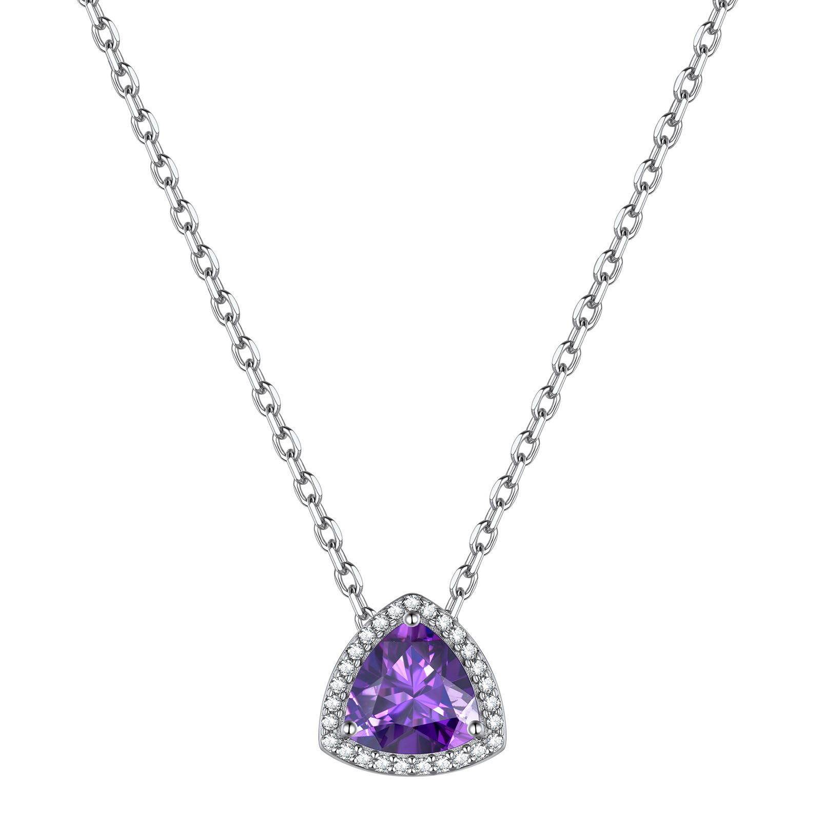 Triangle Shape February Birthstone Pendant Halo Necklace