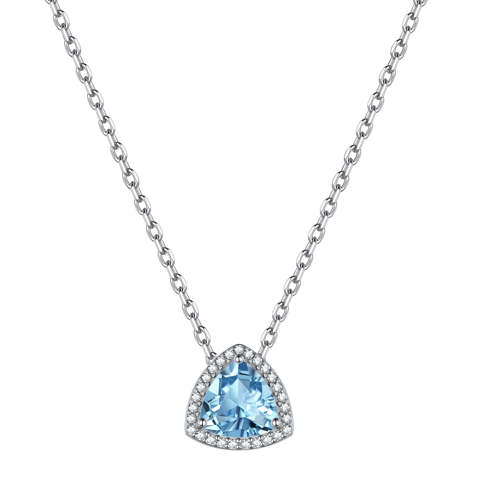 Triangle Shape March Birthstone Pendant Halo Necklace