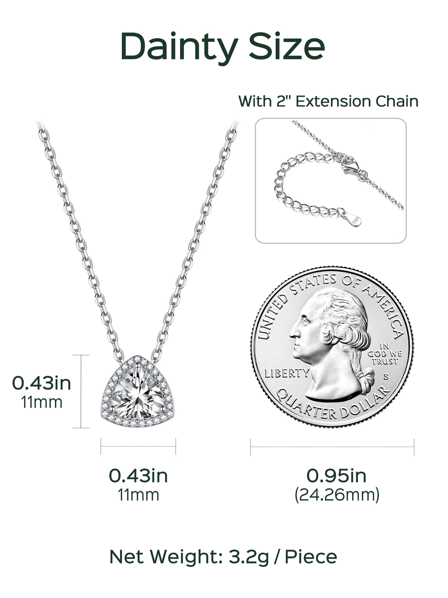 Triangle Shape Birthstone Pendant Halo Necklace Details: Dimensions, Hypoallergenic, Lobster-Claw-Clasps