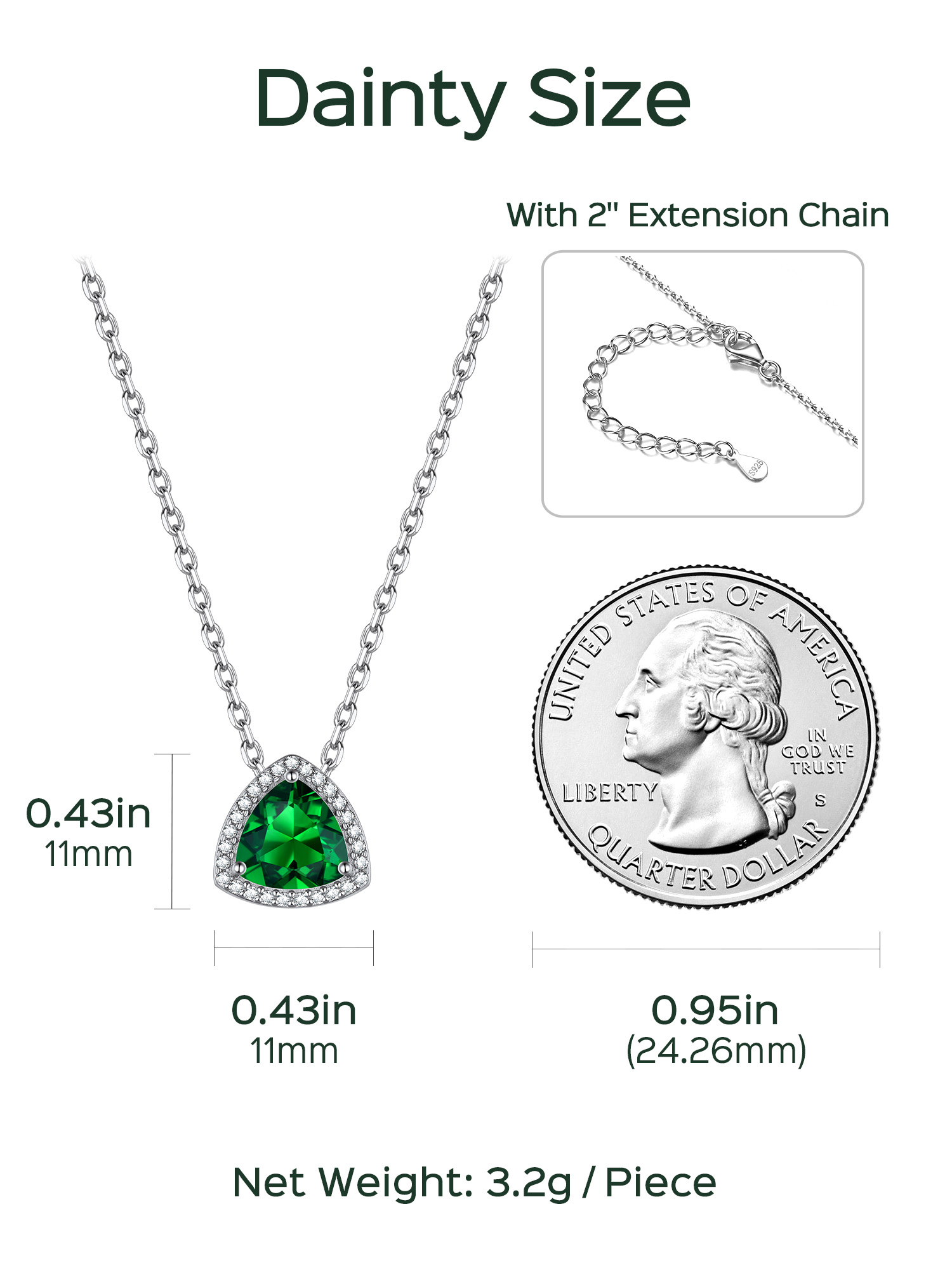 Triangle Shape Birthstone Pendant Halo Necklace Details: Dimensions, Hypoallergenic, Lobster-Claw-Clasps