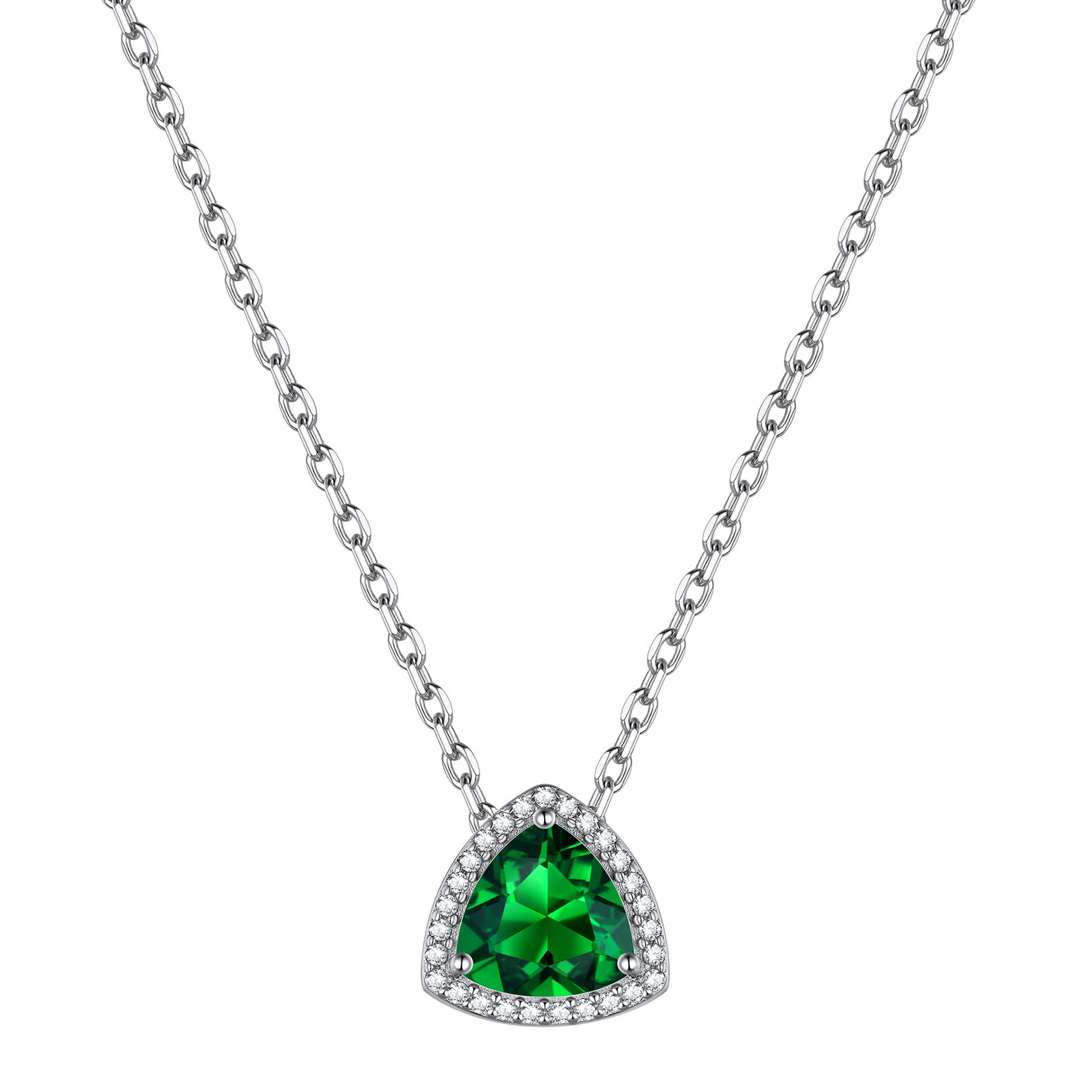 Triangle Shape May Birthstone Pendant Halo Necklace