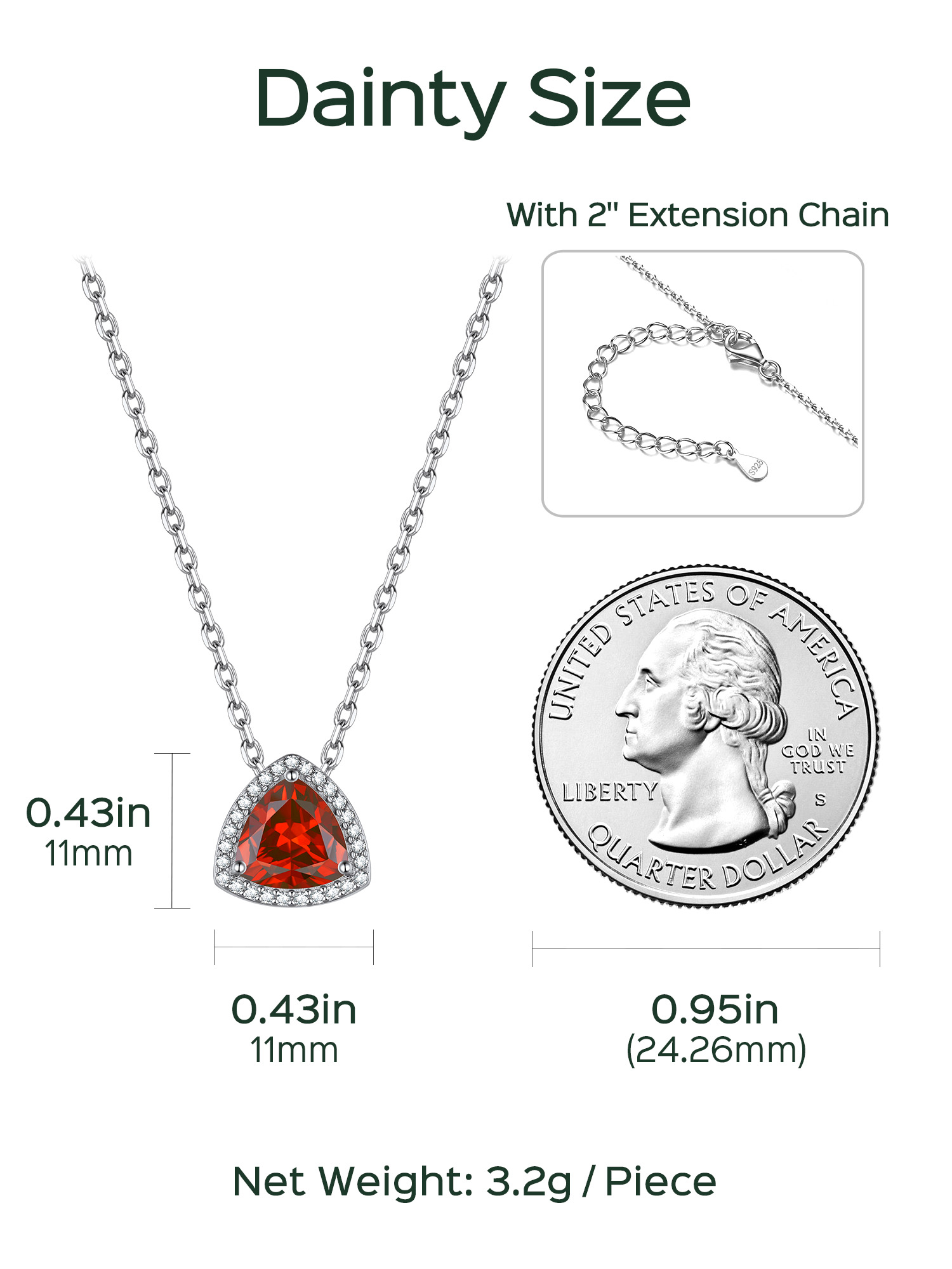 Triangle Shape Birthstone Pendant Halo Necklace Details: Dimensions, Hypoallergenic, Lobster-Claw-Clasps