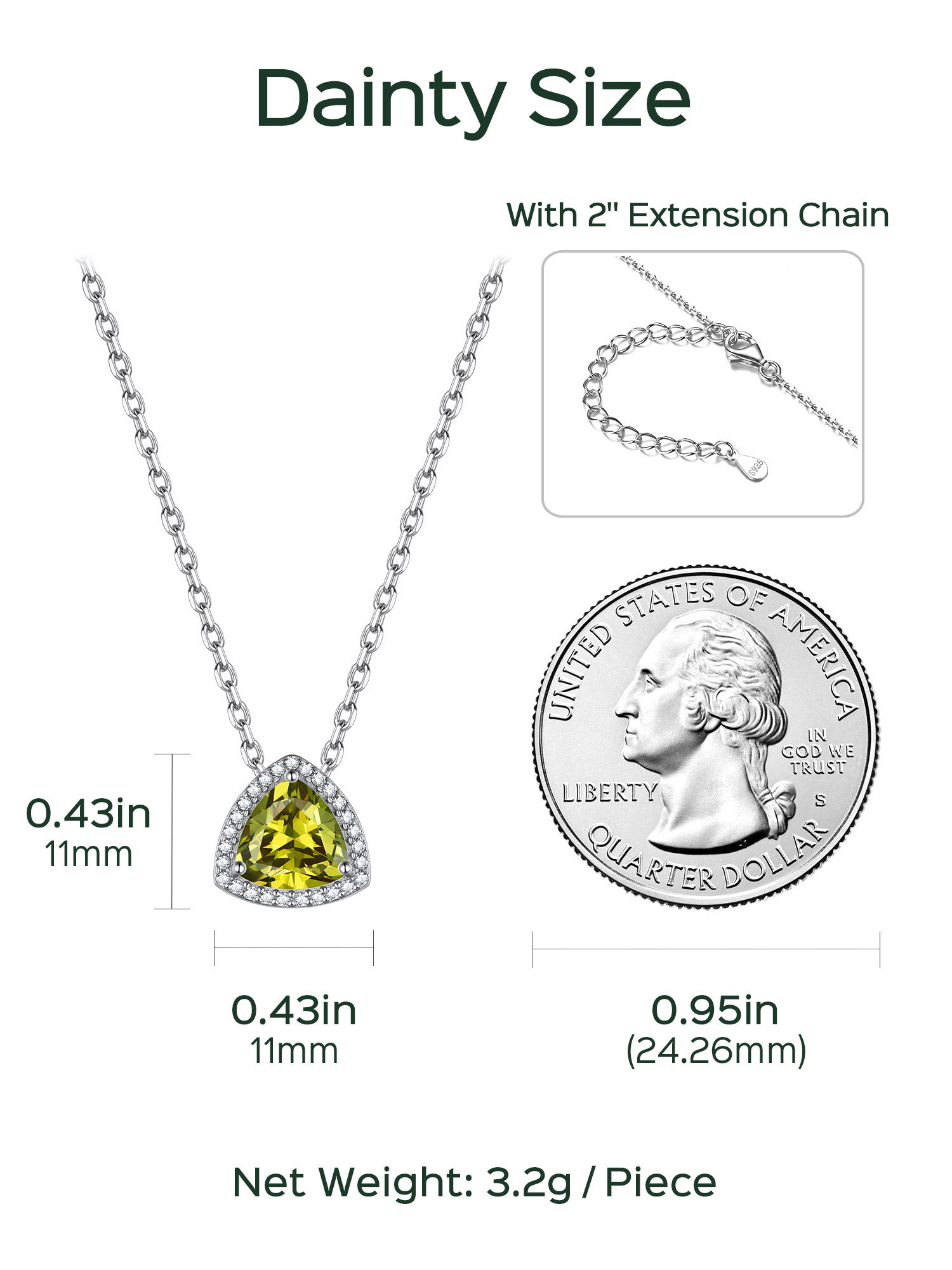 Triangle Shape Birthstone Pendant Halo Necklace Details: Dimensions, Hypoallergenic, Lobster-Claw-Clasps