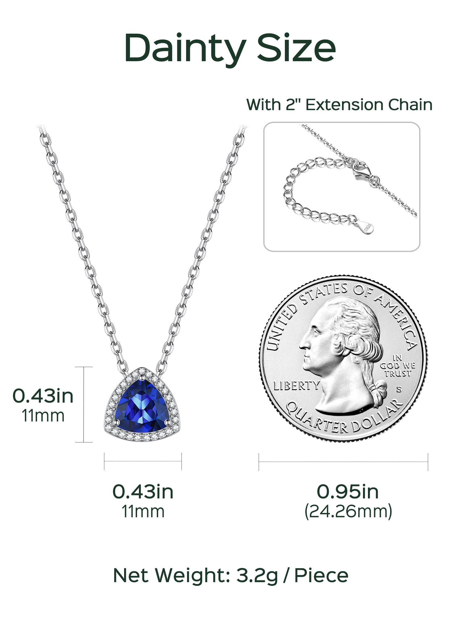 Triangle Shape Birthstone Pendant Halo Necklace Details: Dimensions, Hypoallergenic, Lobster-Claw-Clasps