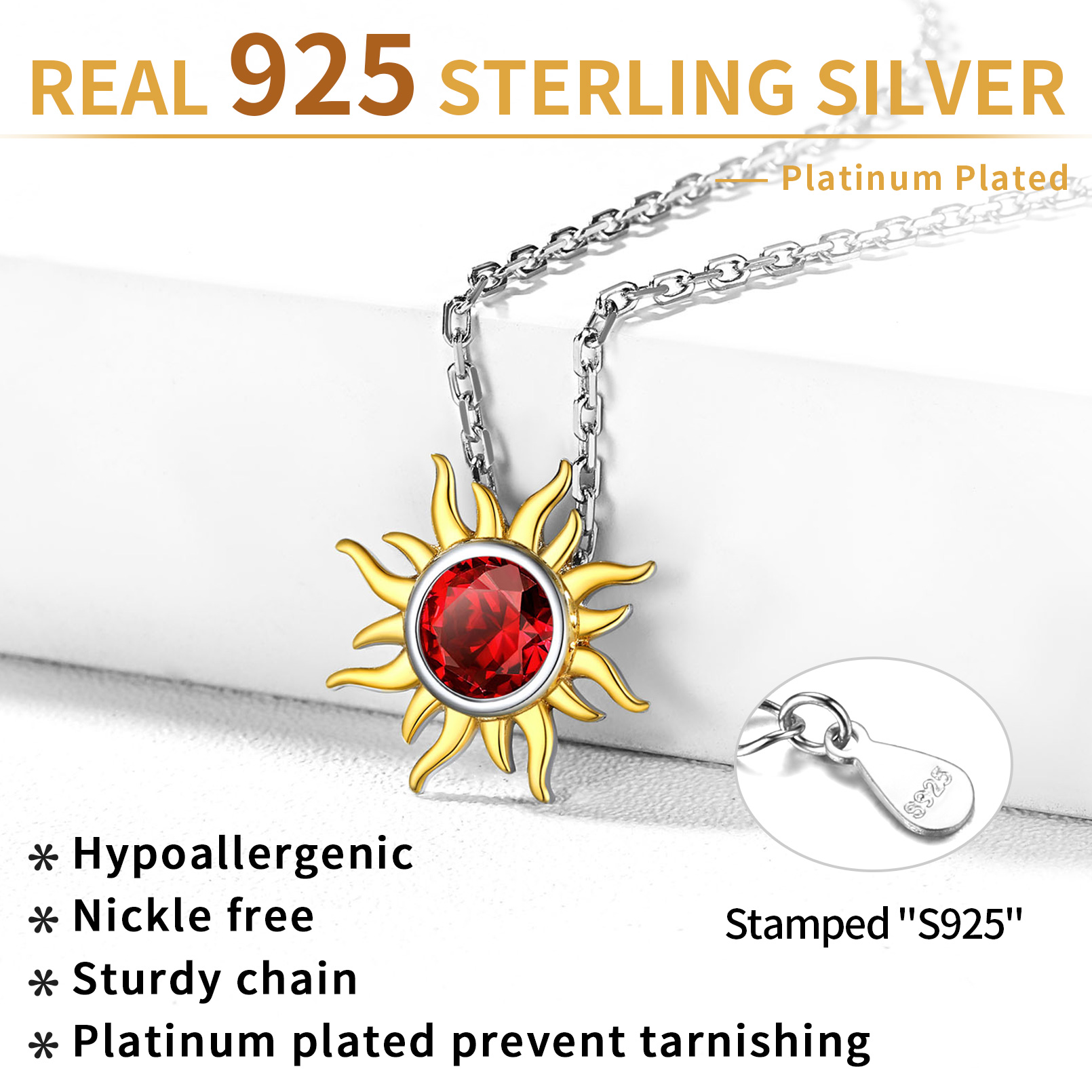 Sun Birthstone Necklace for ladies, jan birthstone, Garnet birthstone, Capricorn Birthstone, Aquarius Birthstone, sterling silver jewelry, gift idea