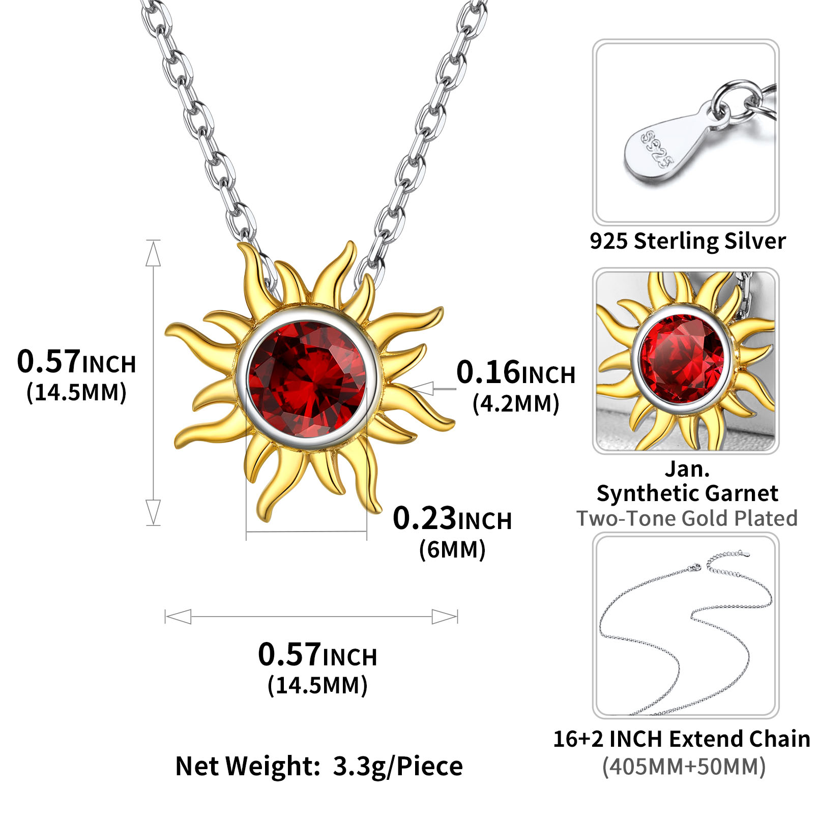 Sun Birthstone Necklace for ladies, jan birthstone, Garnet birthstone, Capricorn Birthstone, Aquarius Birthstone, sterling silver jewelry, gift idea