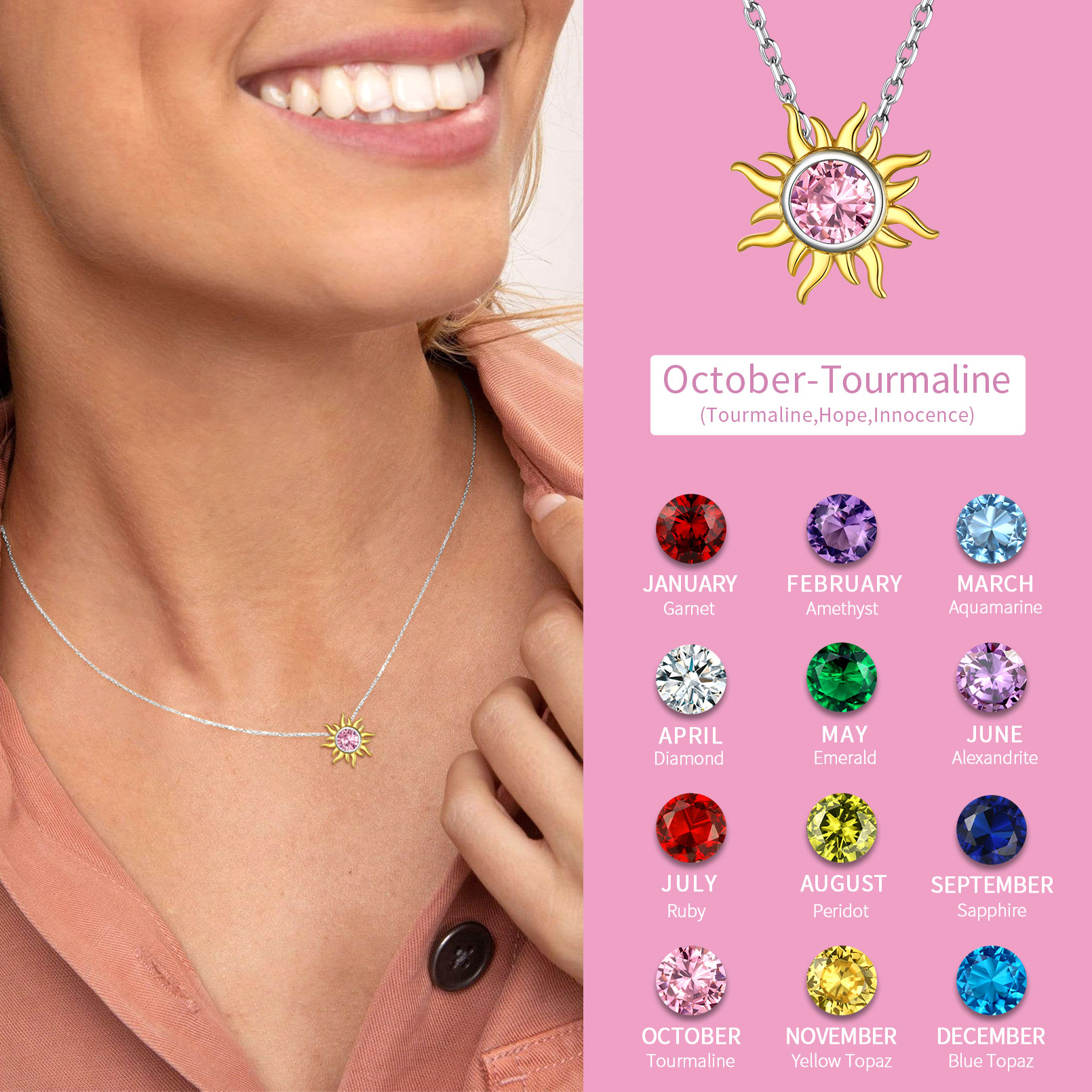 Sun Birthstone Necklace for ladies, october birthstone, Pink Tourmaline Jewelry, Libra Birthstone, Scorpio Birthstone, sterling silver Jewelry, gift idea