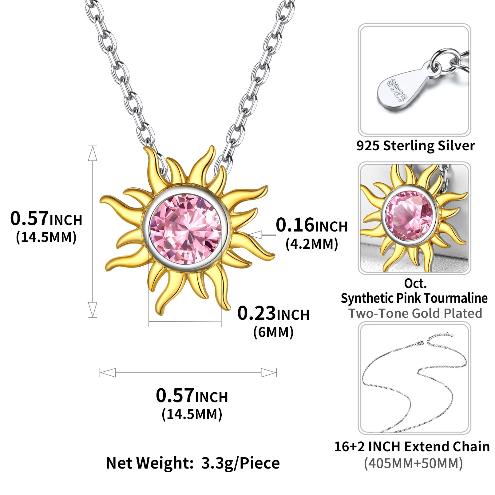 Sun Birthstone Necklace for ladies, october birthstone, Pink Tourmaline Jewelry, Libra Birthstone, Scorpio Birthstone, sterling silver Jewelry, gift idea