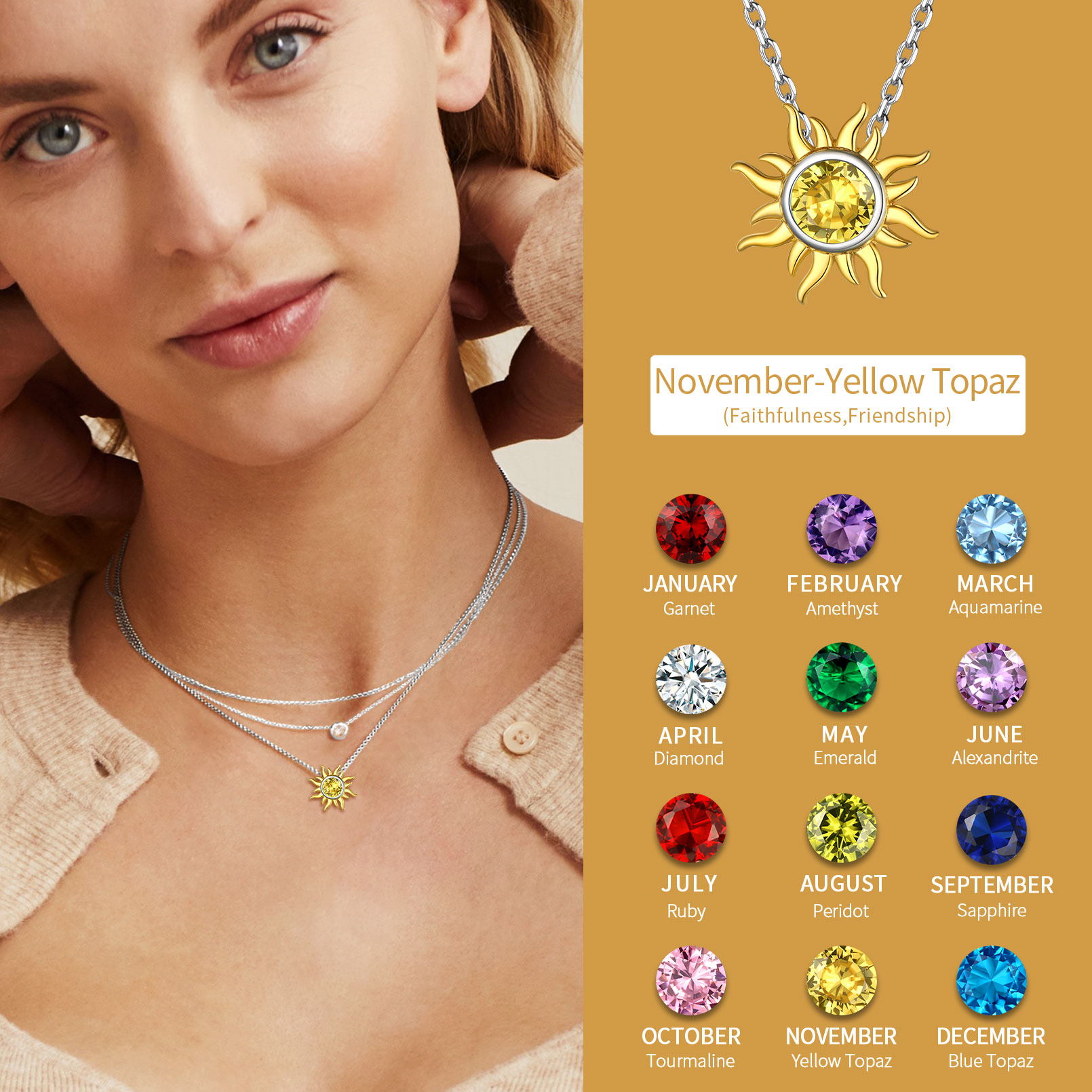 Sun Birthstone Necklace for ladies, october birthstone, November birthstone, Citrine Jewelry, Scorpio Birthstone, Sagittarius Birthstone, sterling silver jewelry, memorial gift, gift idea