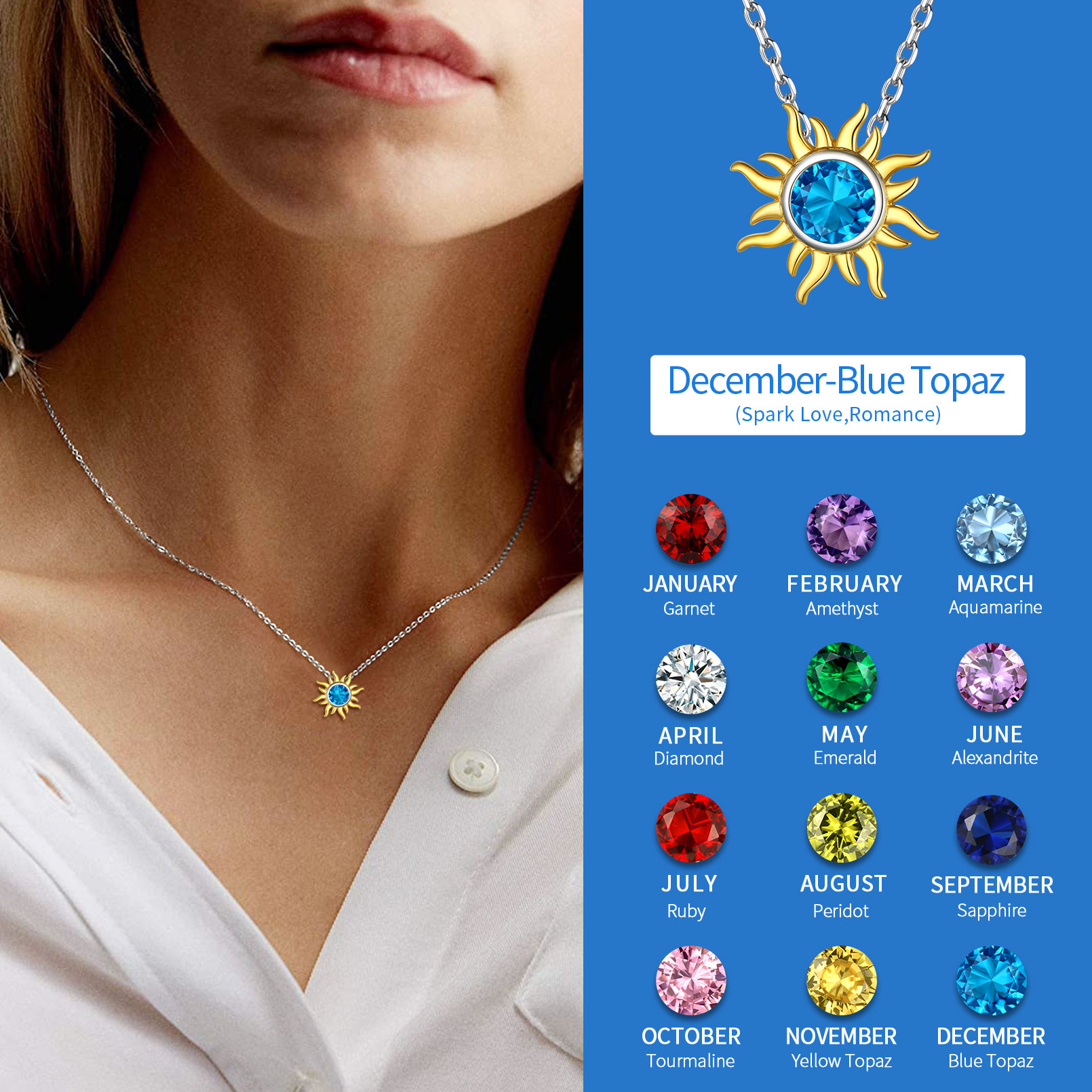 Sun Birthstone Necklace for ladies,december birthstone, Blue Topaz Jewelry, Sagittarius Birthstone,  topaz birthstone, Capricorn Birthstone, christmas gift, gift idea