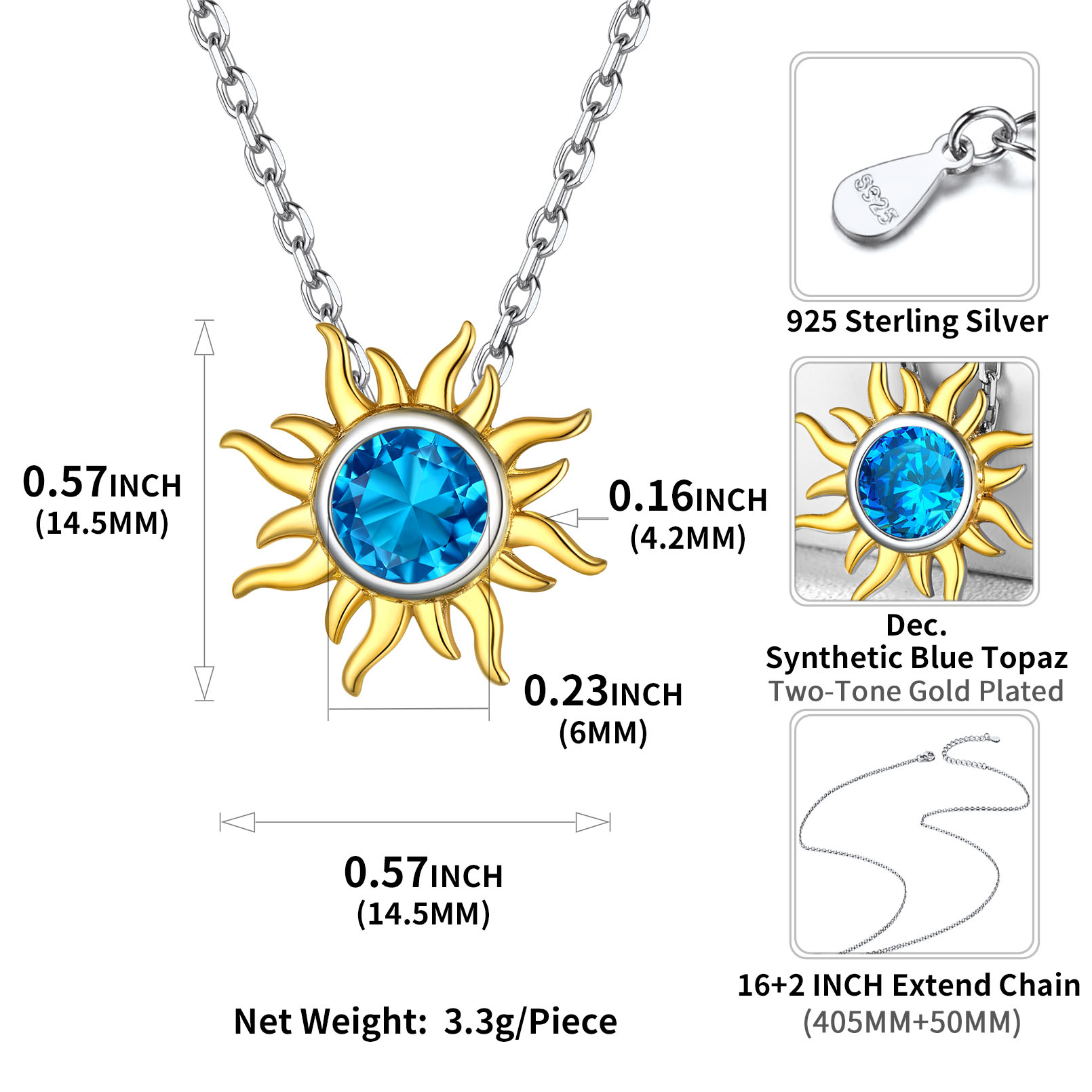 Sun Birthstone Necklace for ladies,december birthstone, Blue Topaz Jewelry, Sagittarius Birthstone,  topaz birthstone, Capricorn Birthstone, christmas gift, gift idea