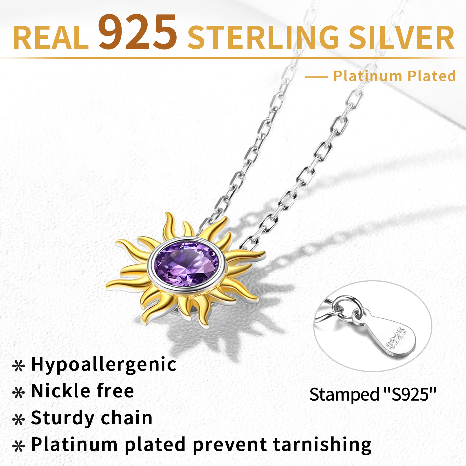 Sun Birthstone Necklace for ladies,  February birthstone, Amethyst Jewelry, Pisces Birthstone, Aquarius Birthstone, sterling silver necklace, gift idea