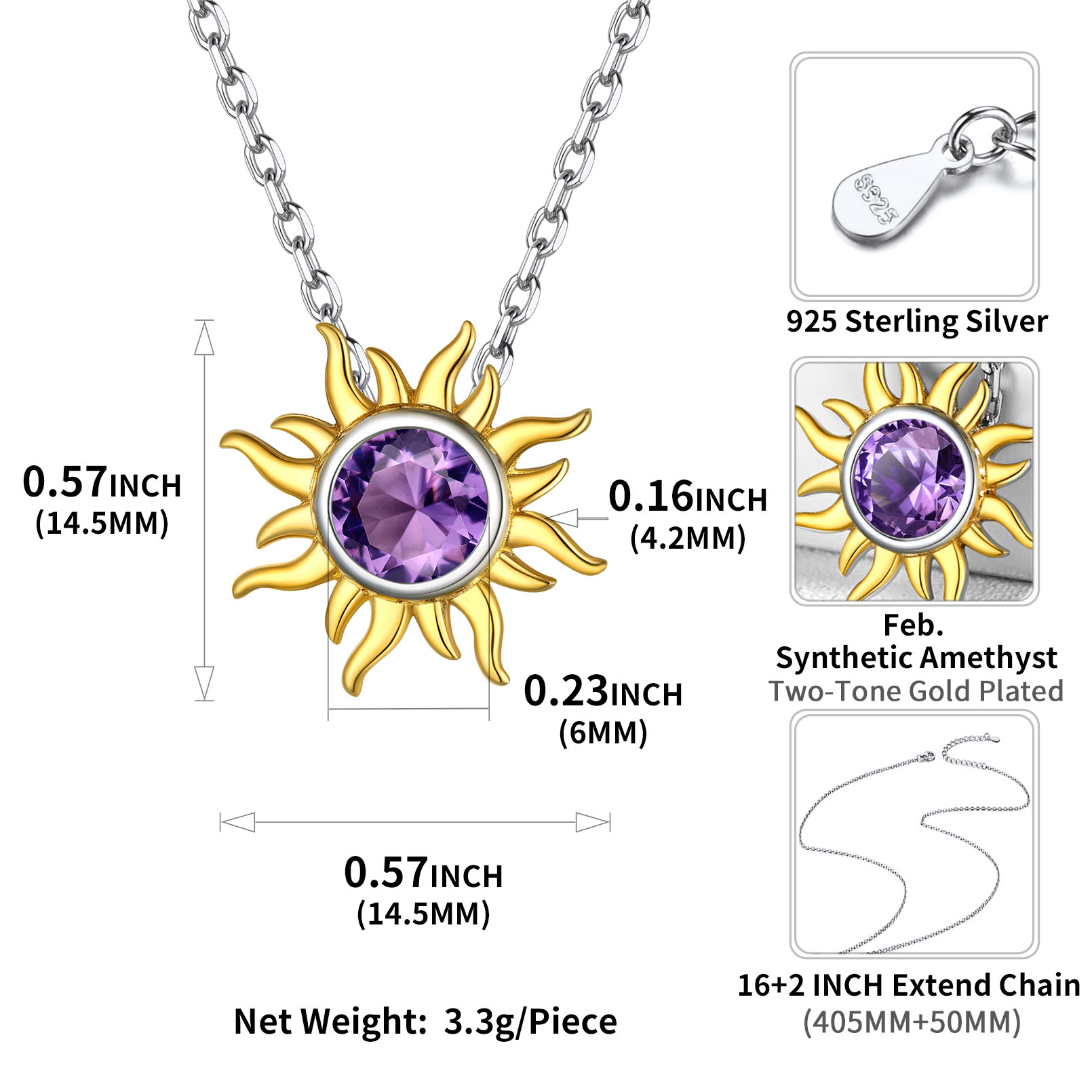 Sun Birthstone Necklace for ladies,  February birthstone, Amethyst Jewelry, Pisces Birthstone, Aquarius Birthstone, sterling silver necklace, gift idea