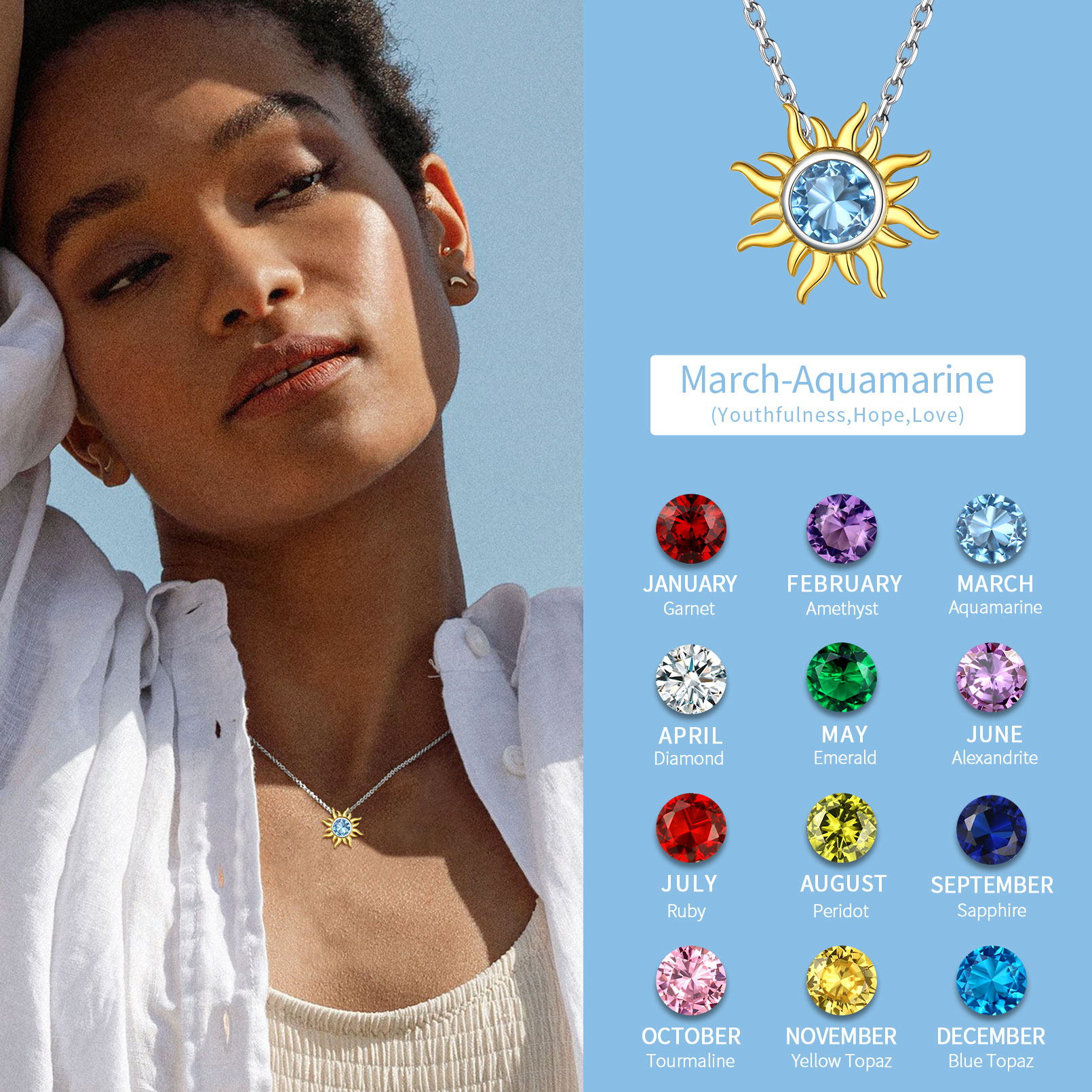 Sun Birthstone Necklace for ladies, march birthstone, Aquamarine Pendant, Pisces Birthstone, Aries Birthstone, sterling silver jewelry, gift idea