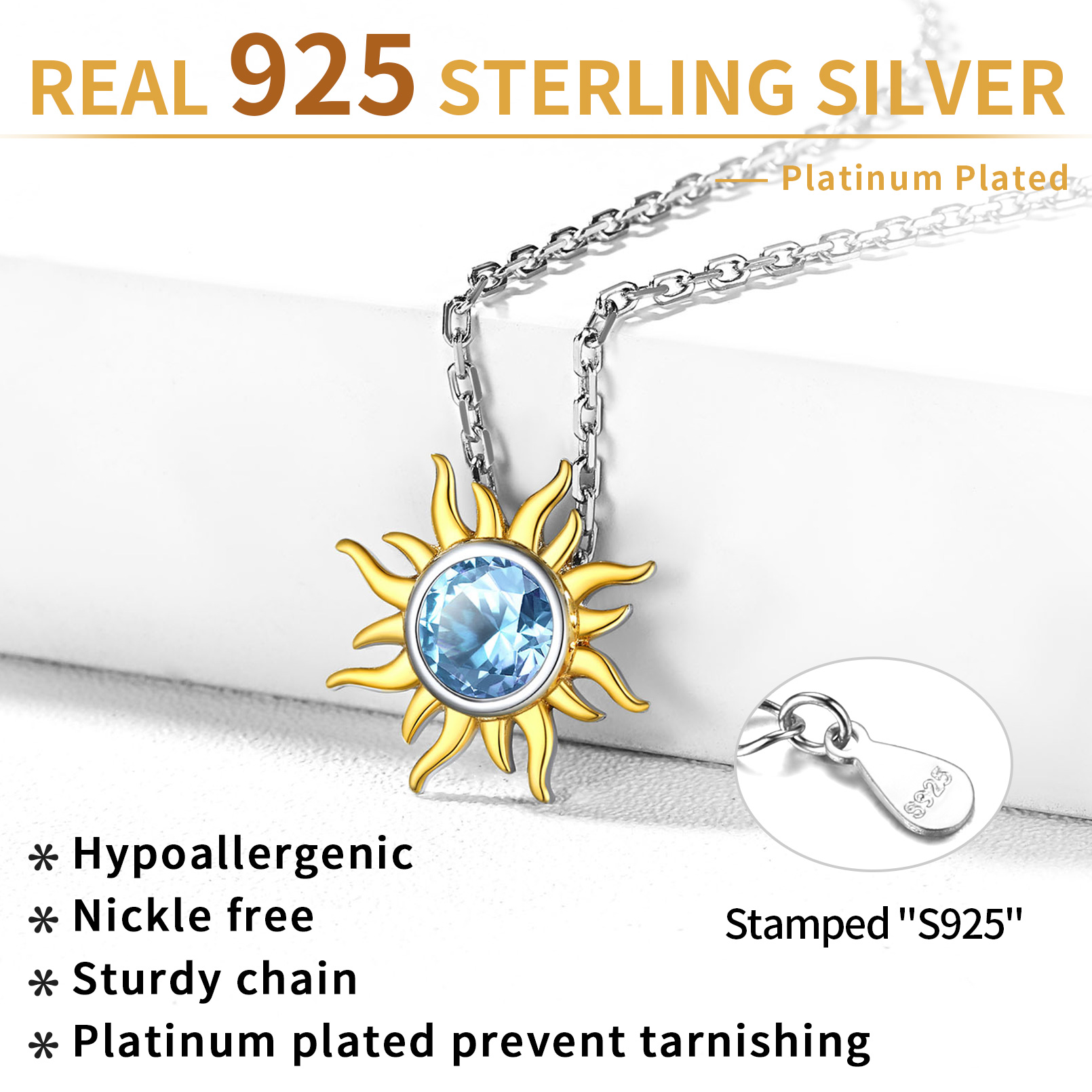 Sun Birthstone Necklace for ladies, march birthstone, Aquamarine Pendant, Pisces Birthstone, Aries Birthstone, sterling silver jewelry, gift idea