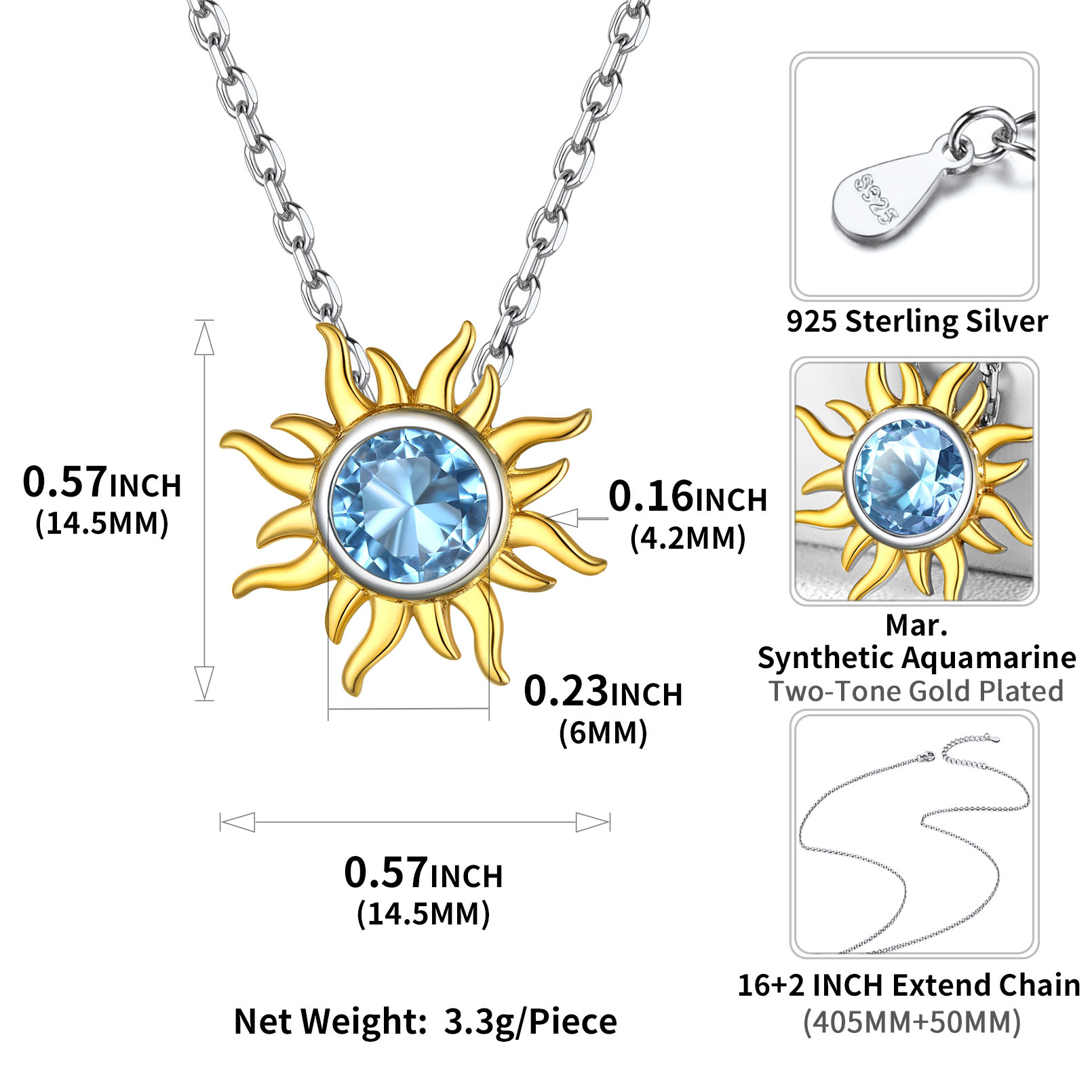 Sun Birthstone Necklace for ladies, march birthstone, Aquamarine Pendant, Pisces Birthstone, Aries Birthstone, sterling silver jewelry, gift idea