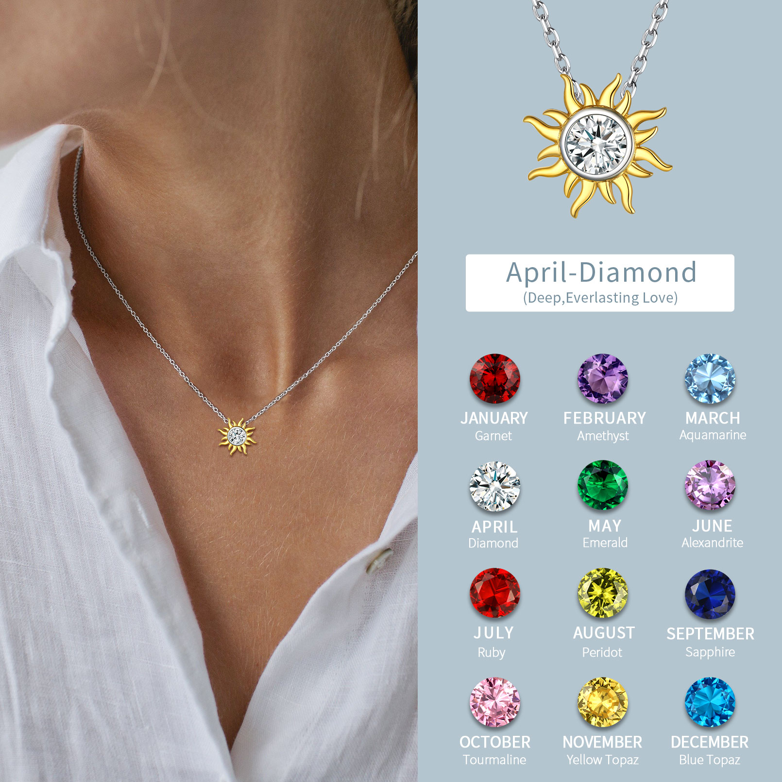 Sun Birthstone Necklace for ladies, april birthstone, Diamond Jewelry, Aries Birthstone, Taurus Birthstone, birthstone necklace, gift idea