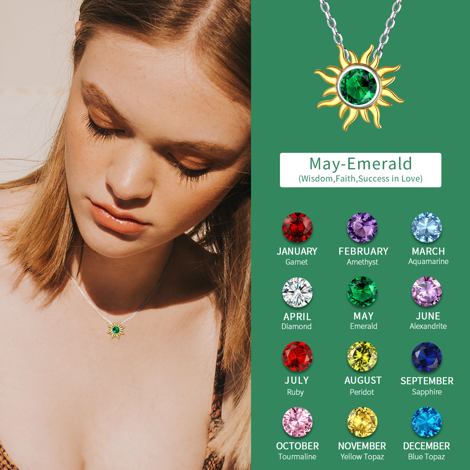 Sun Birthstone Necklace for ladies, may birthstone, Emerald Necklace, Taurus Birthstone, Gemini Birthstone, sterling silver earrings, gift idea