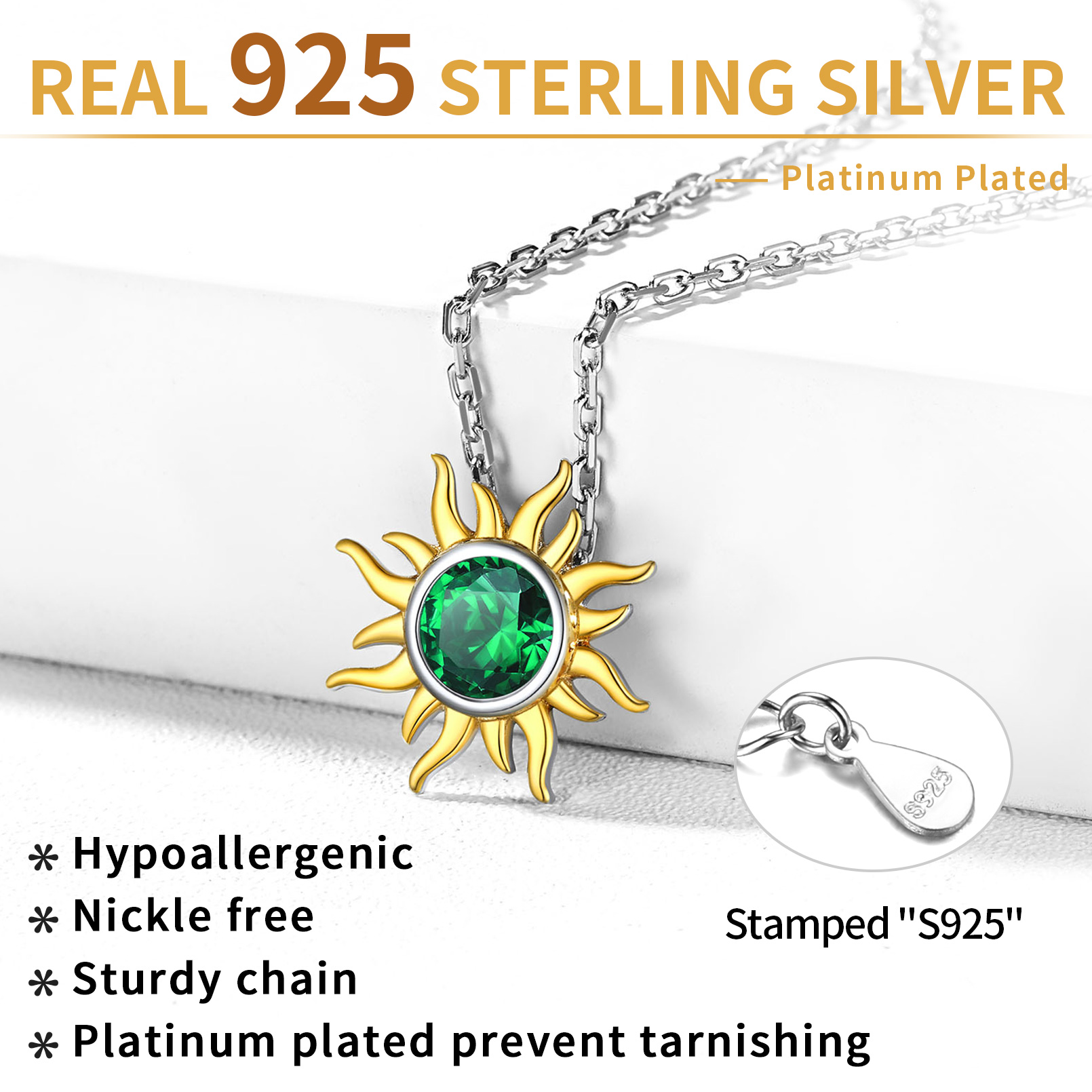 Sun Birthstone Necklace for ladies, may birthstone, Emerald Necklace, Taurus Birthstone, Gemini Birthstone, sterling silver earrings, gift idea