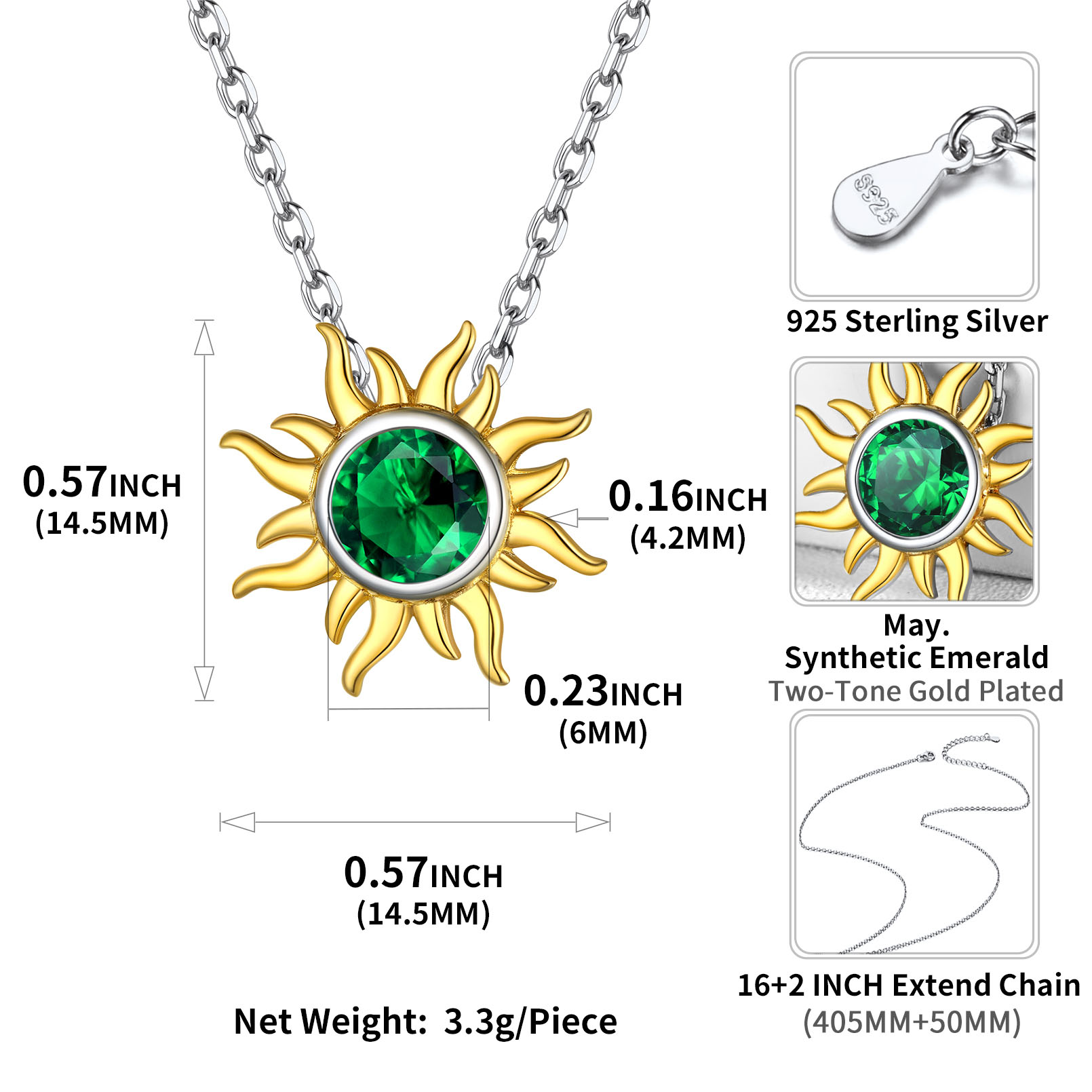 Sun Birthstone Necklace for ladies, may birthstone, Emerald Necklace, Taurus Birthstone, Gemini Birthstone, sterling silver earrings, gift idea