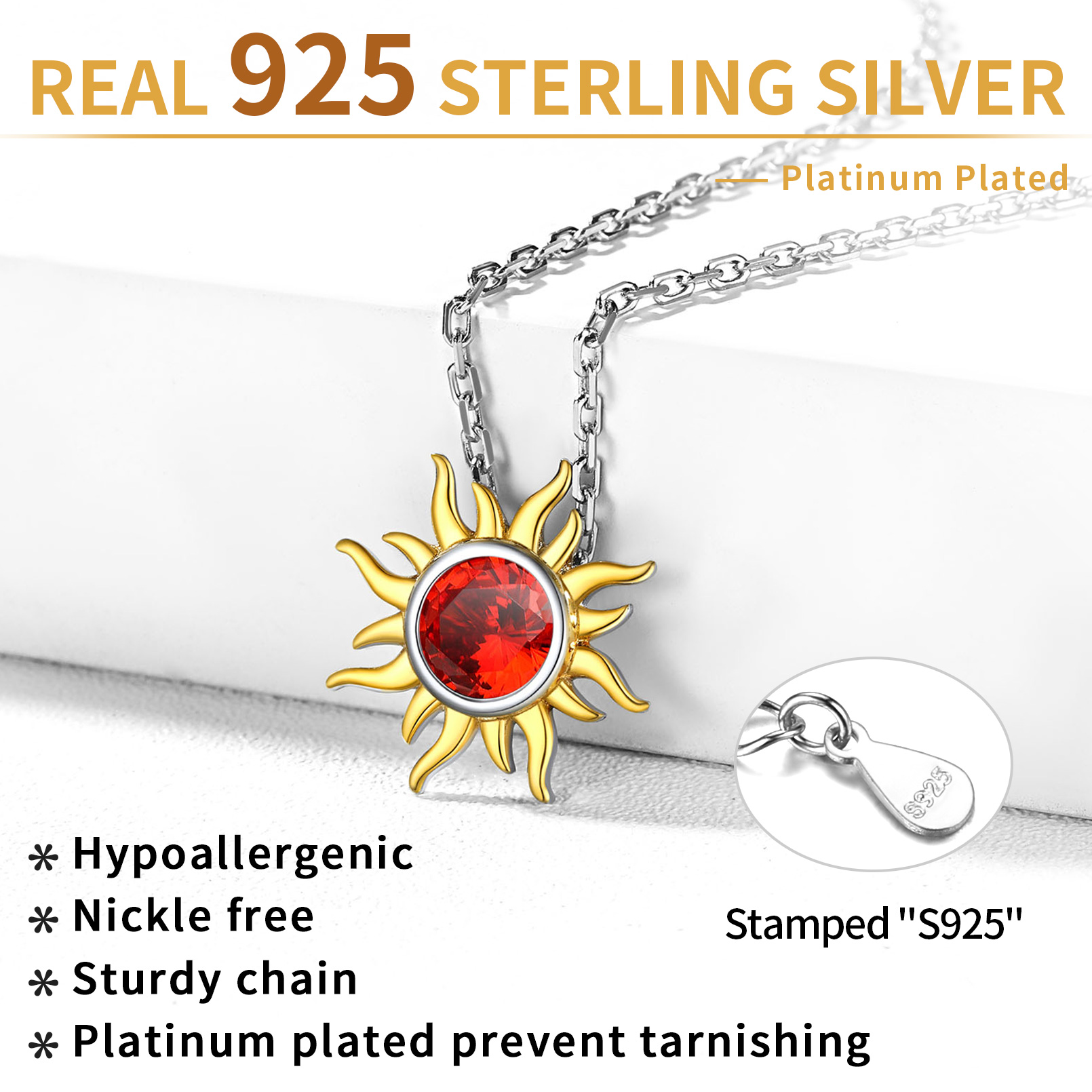 Sun Birthstone Necklace for ladies,  july birthstone, Ruby birthstone, Cancer Birthstone, Leo Birthstone, sterling silver jewelry, gift idea