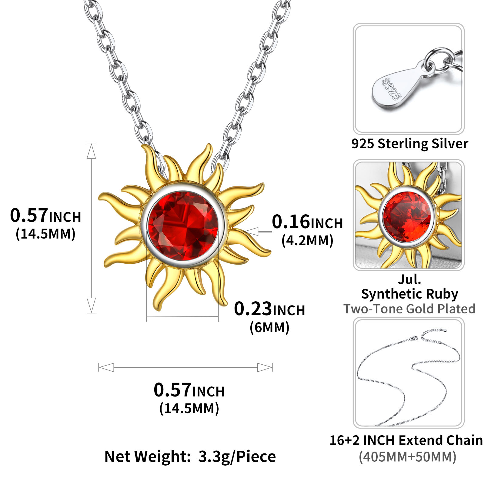 Sun Birthstone Necklace for ladies,  july birthstone, Ruby birthstone, Cancer Birthstone, Leo Birthstone, sterling silver jewelry, gift idea