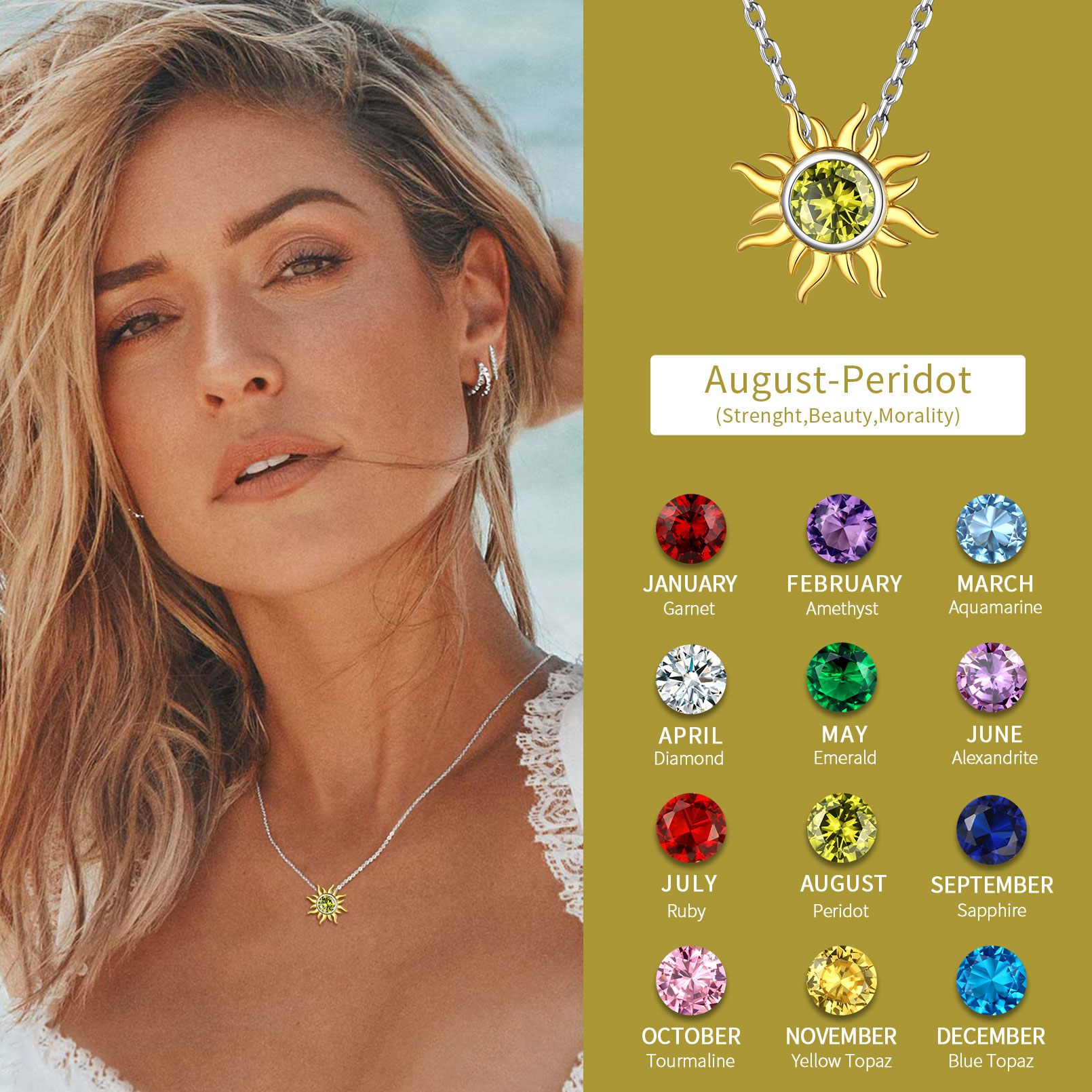 Sun Birthstone Necklace for ladies, august birthstone, Peridot Necklace, Leo Birthstone, Virgo Birthstone, sterling silver jewelry, gift idea