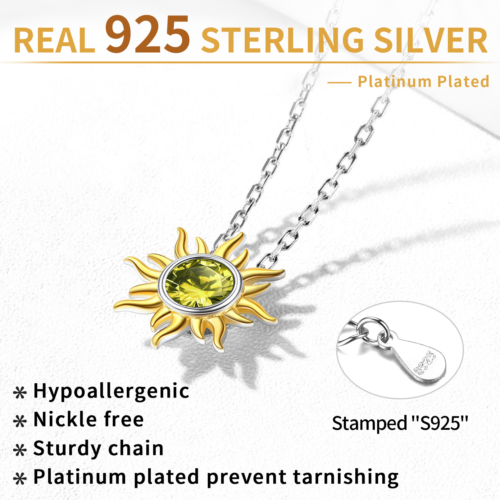 Sun Birthstone Necklace for ladies, august birthstone, Peridot Necklace, Leo Birthstone, Virgo Birthstone, sterling silver jewelry, gift idea