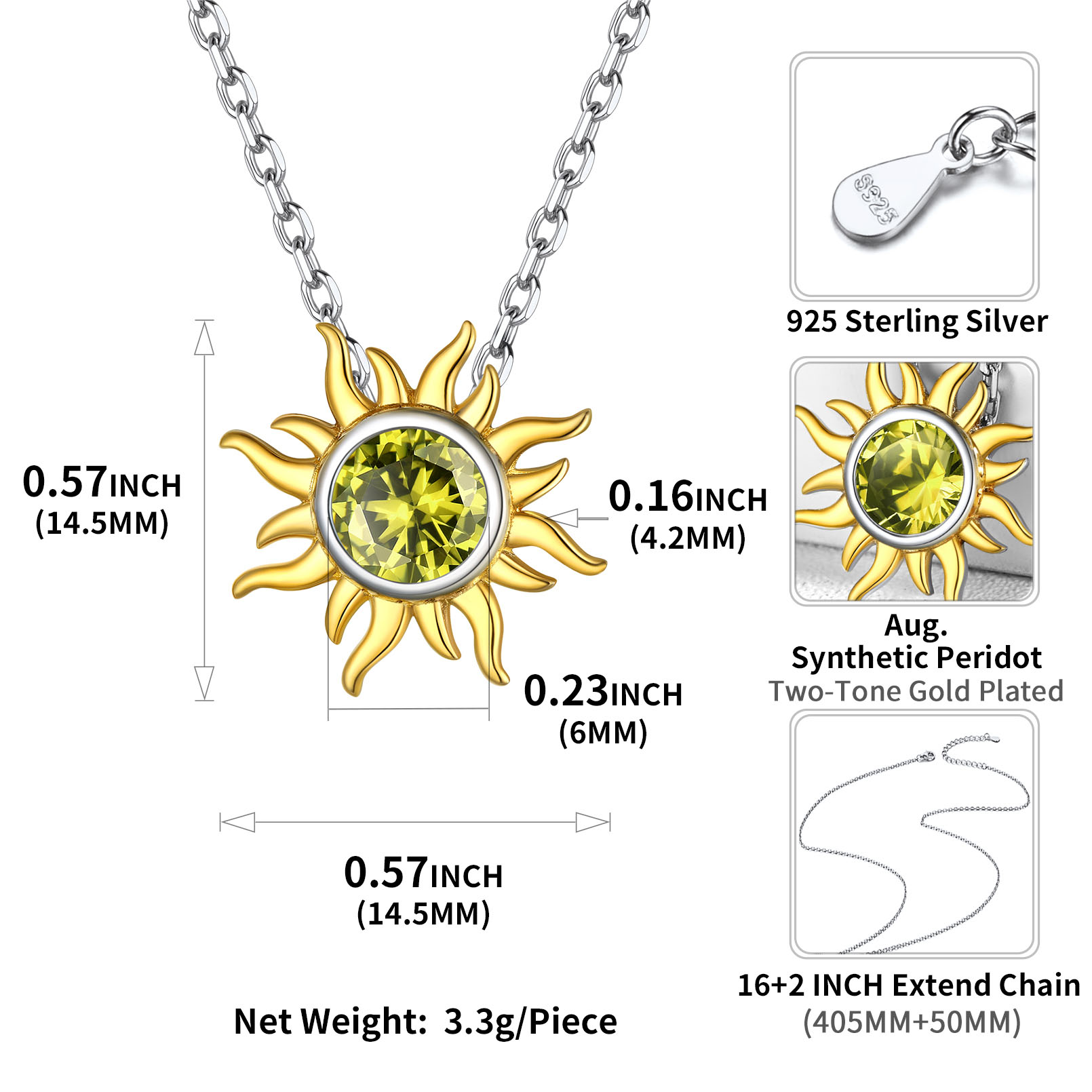 Sun Birthstone Necklace for ladies, august birthstone, Peridot Necklace, Leo Birthstone, Virgo Birthstone, sterling silver jewelry, gift idea