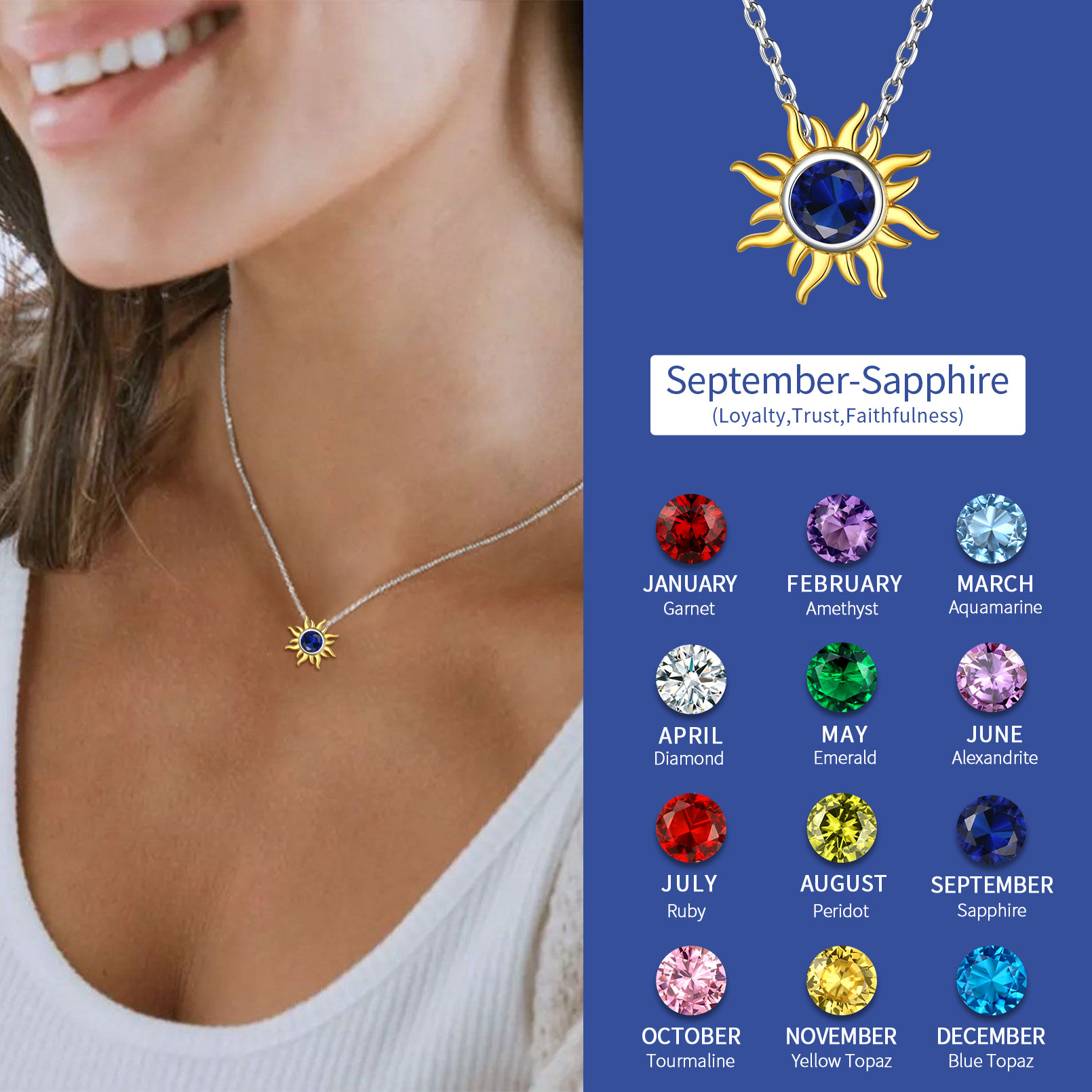 Sun Birthstone Necklace for ladies, september birthstone, Sapphire Jewelry, Virgo Birthstone, Libra Birthstone, sterling silver jewelry, gift idea