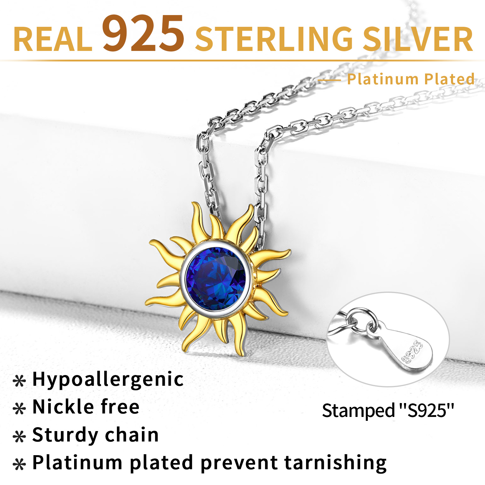 Sun Birthstone Necklace for ladies, september birthstone, Sapphire Jewelry, Virgo Birthstone, Libra Birthstone, sterling silver jewelry, gift idea