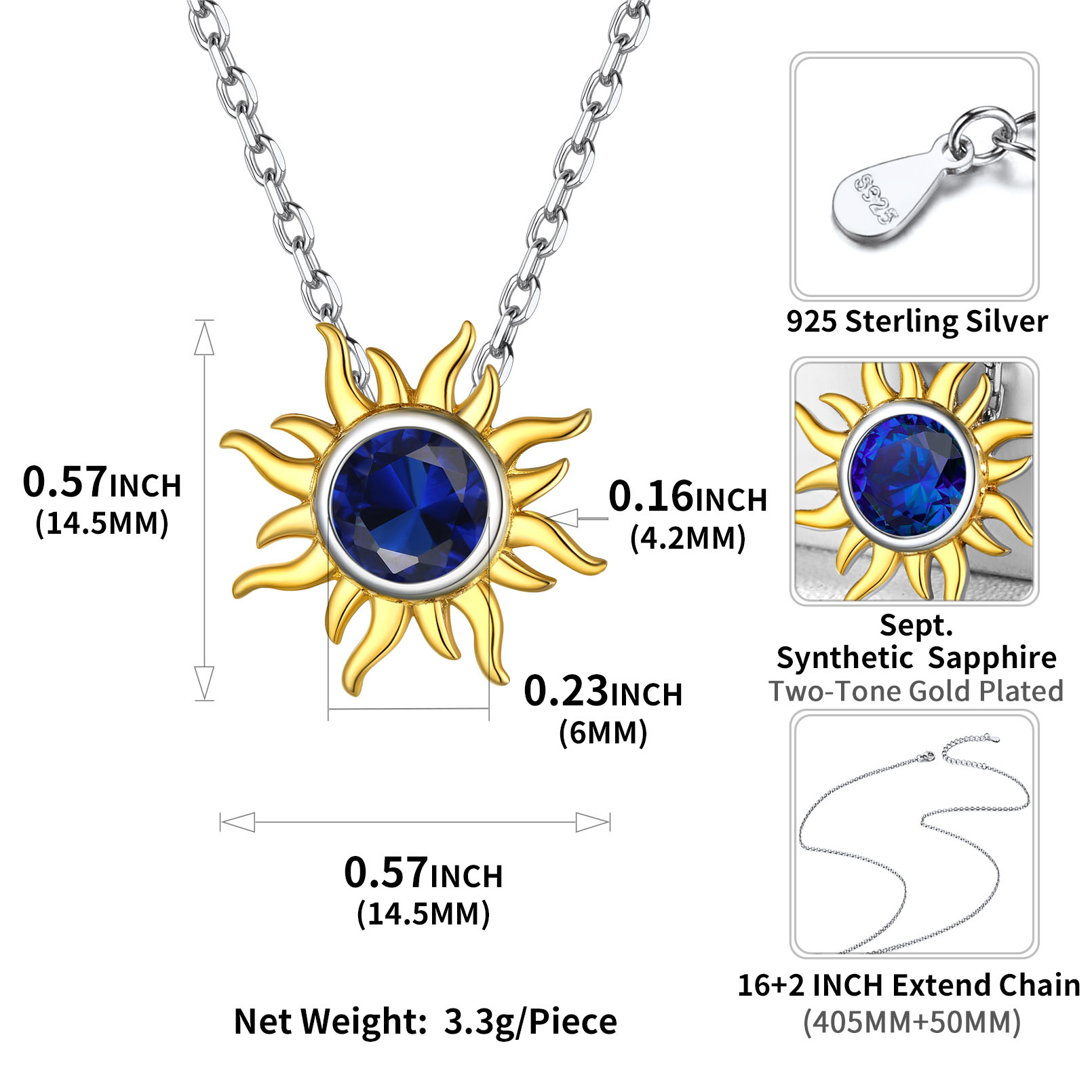 Sun Birthstone Necklace for ladies, september birthstone, Sapphire Jewelry, Virgo Birthstone, Libra Birthstone, sterling silver jewelry, gift idea
