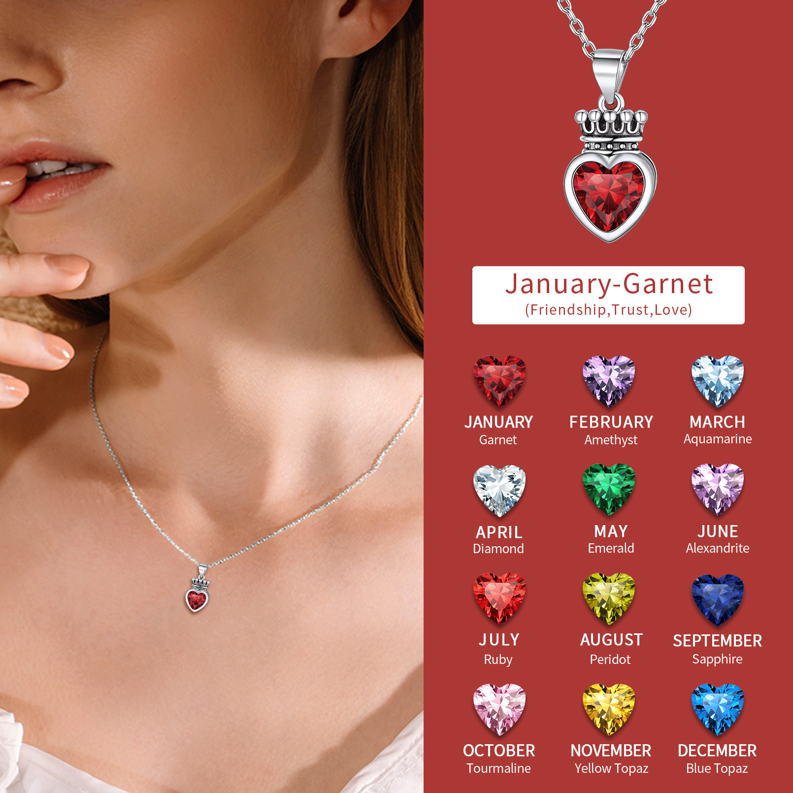 Crown & Heart Necklace in Different Month Colors