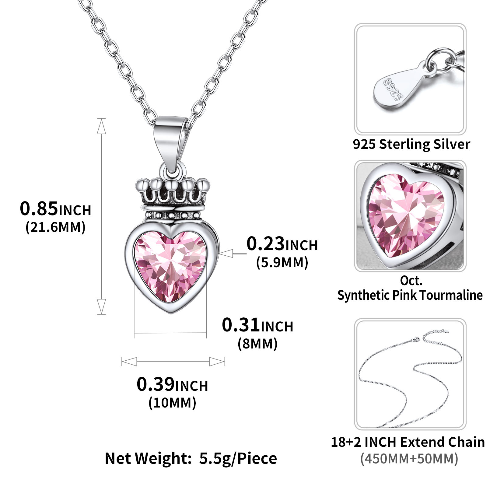 Crown & Heart Necklace Details: Dimensions, Hypoallergenic, Lobster-Claw-Clasps