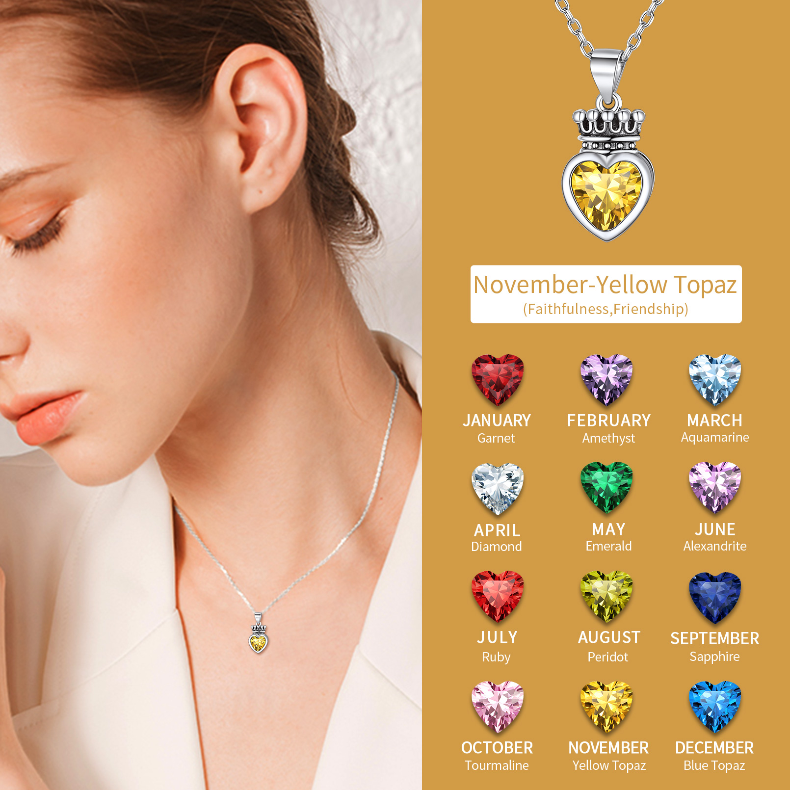 Crown & Heart Necklace in Different Month Colors