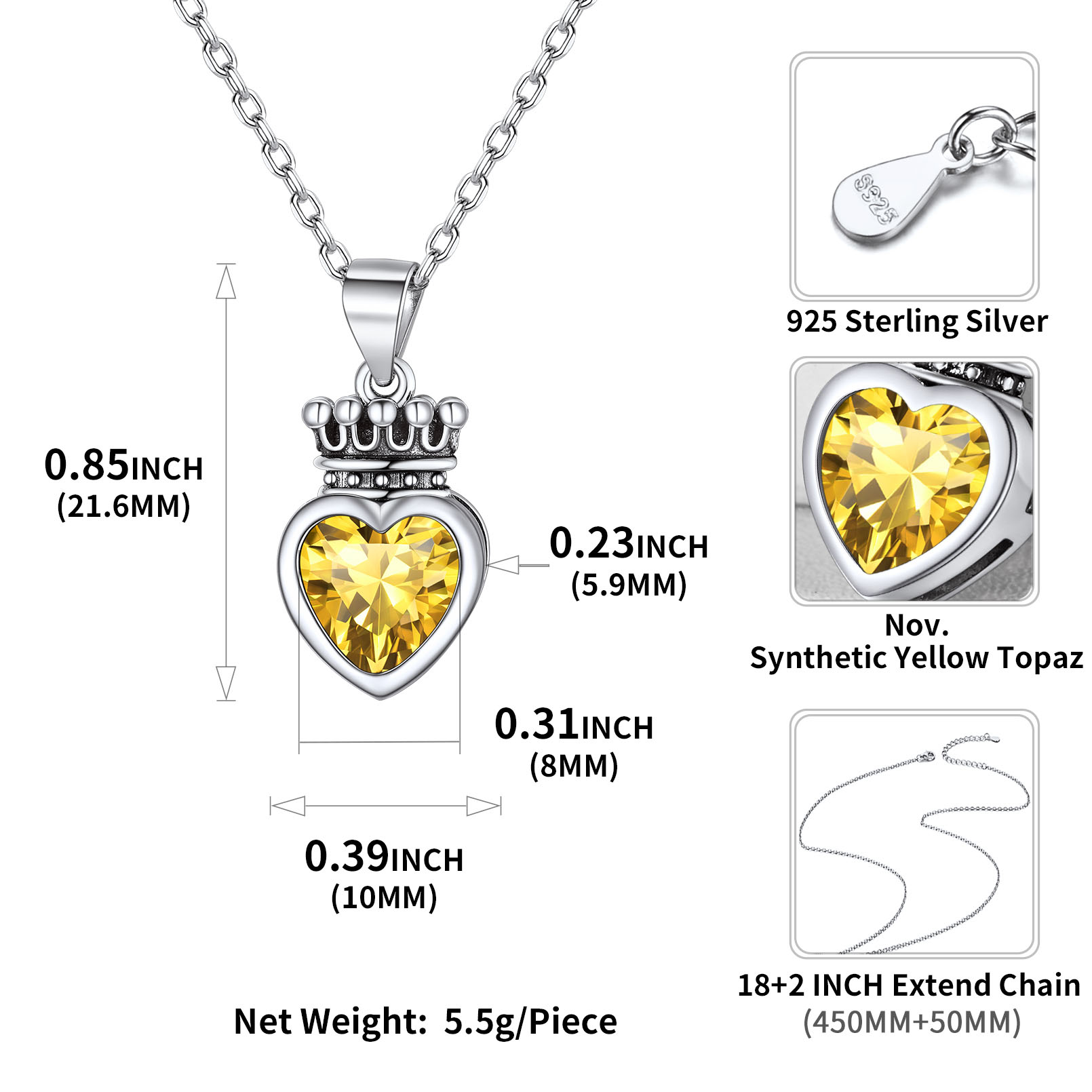 Crown & Heart Necklace Details: Dimensions, Hypoallergenic, Lobster-Claw-Clasps