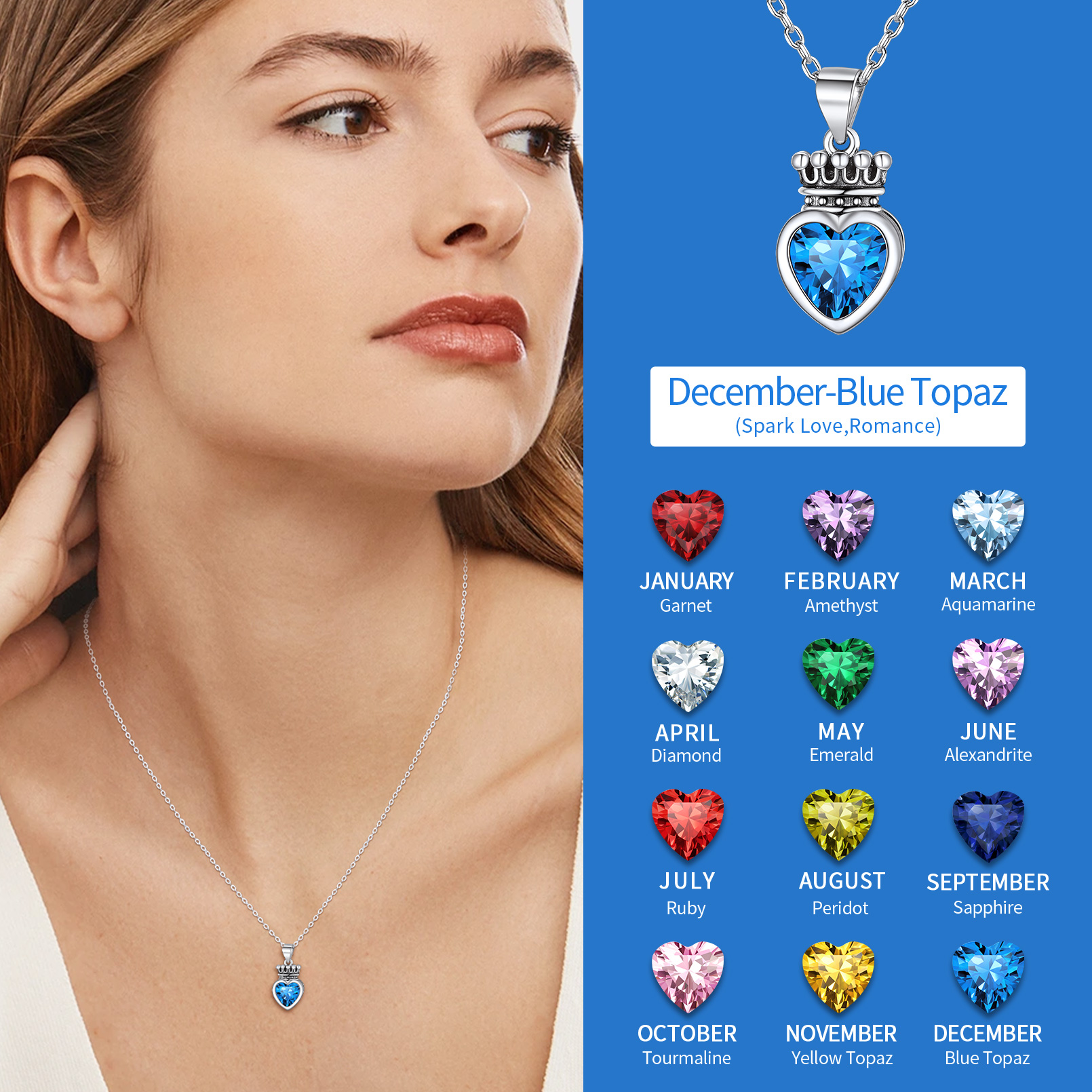 Crown & Heart Necklace in Different Month Colors