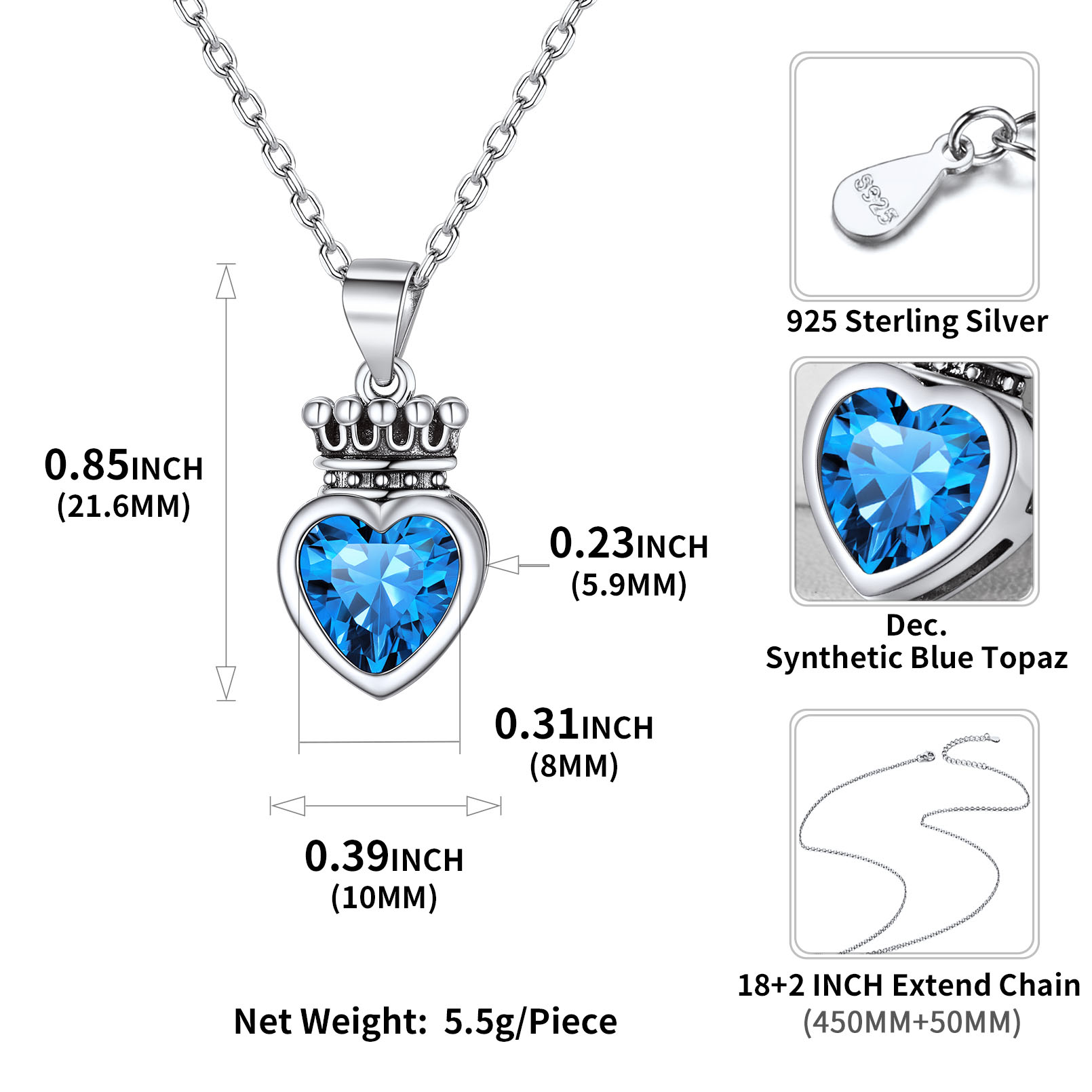 Crown & Heart Necklace Details: Dimensions, Hypoallergenic, Lobster-Claw-Clasps