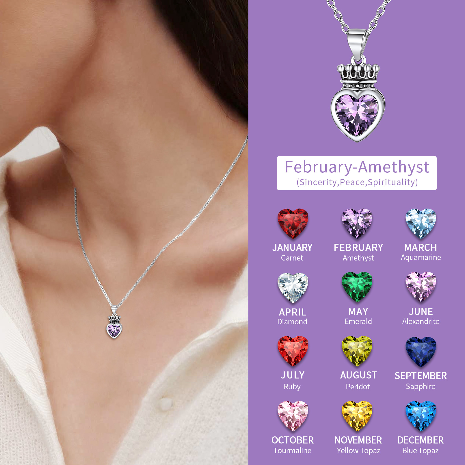 Crown & Heart Necklace in Different Month Colors