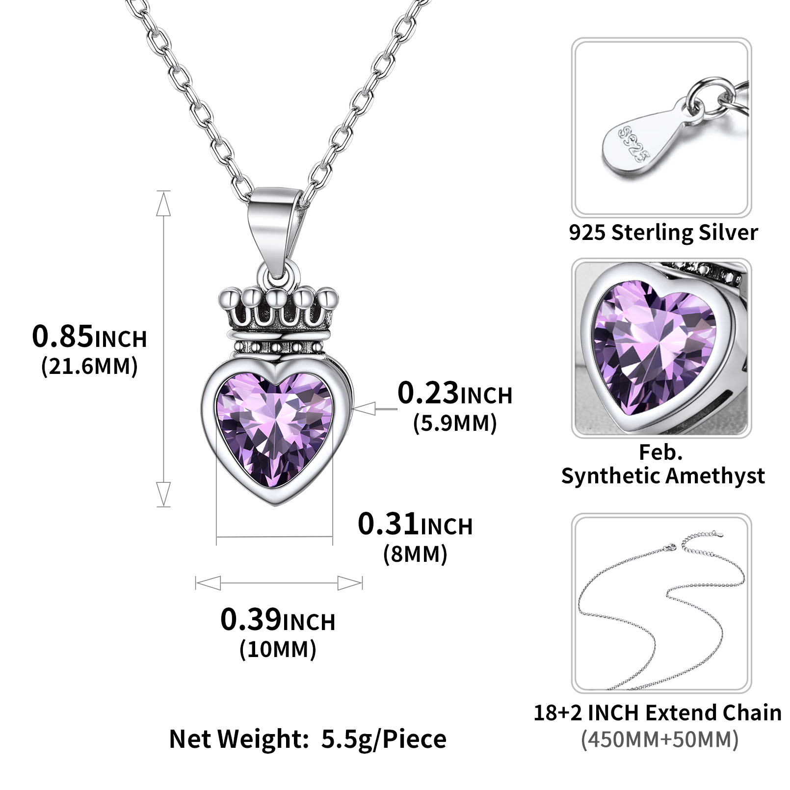 Crown & Heart Necklace Details: Dimensions, Hypoallergenic, Lobster-Claw-Clasps