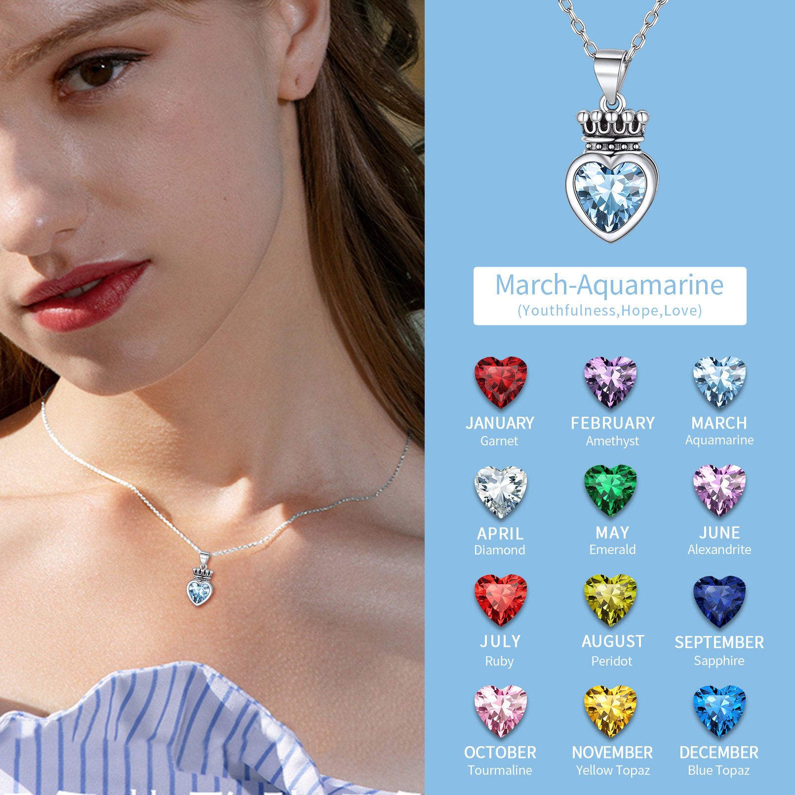 Crown & Heart Necklace in Different Month Colors