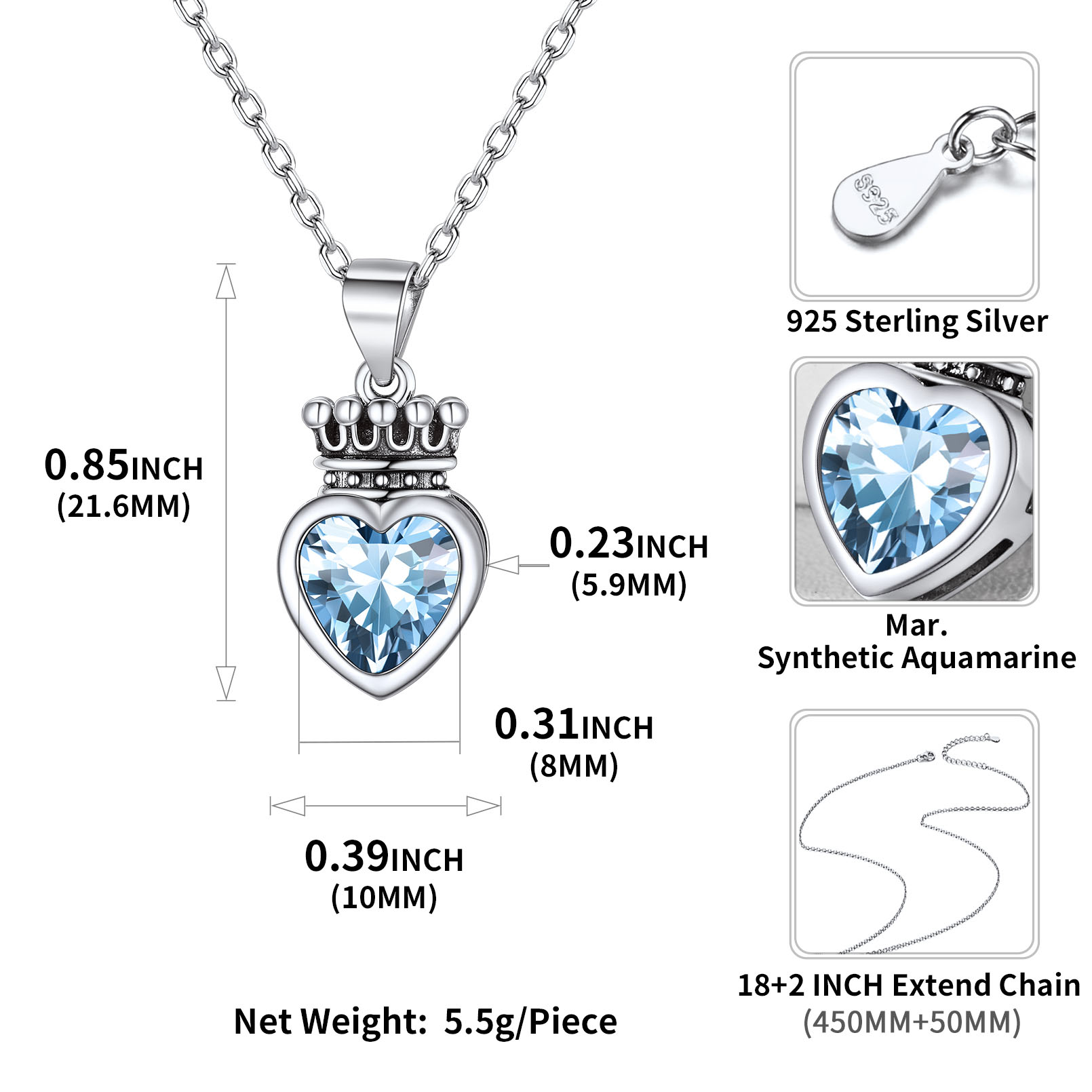 Crown & Heart Necklace Details: Dimensions, Hypoallergenic, Lobster-Claw-Clasps