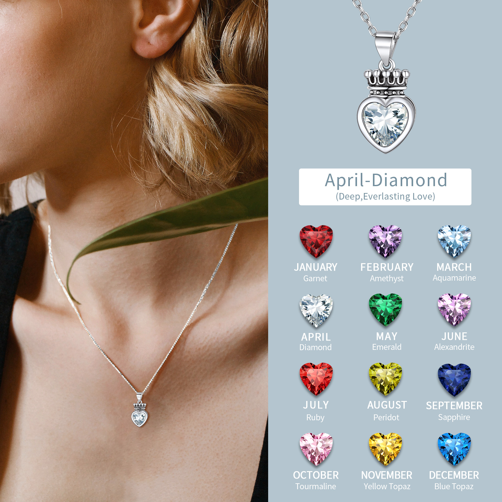Crown & Heart Necklace in Different Month Colors