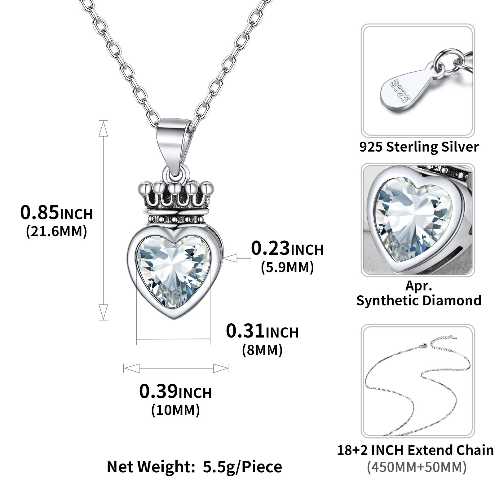 Crown & Heart Necklace Details: Dimensions, Hypoallergenic, Lobster-Claw-Clasps