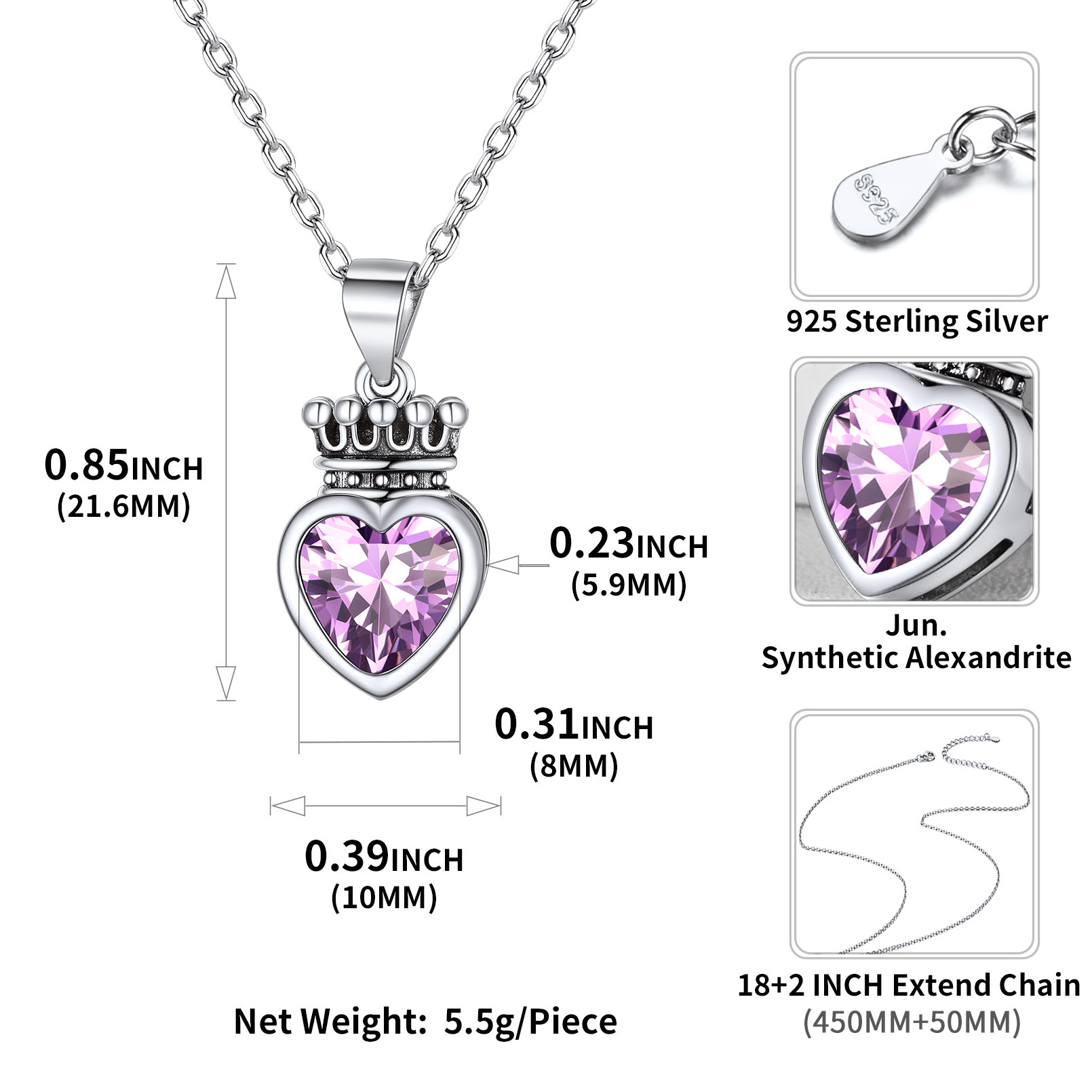 Crown & Heart Necklace Details: Dimensions, Hypoallergenic, Lobster-Claw-Clasps